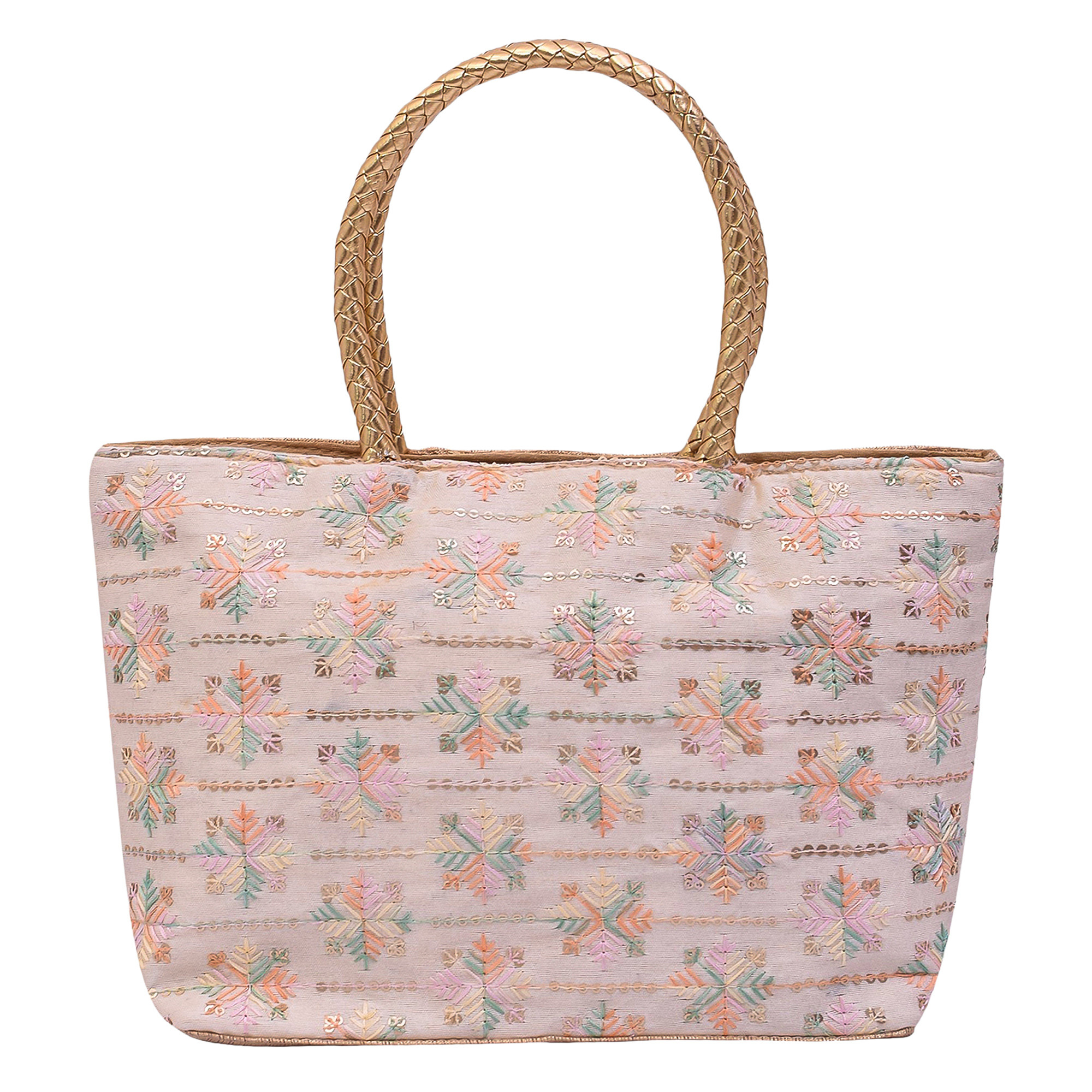 Kuber Industries Hand Purse  Traditional Hand Purse  Silk Wallet Hand Bag  Shagun Hand Purse  Gifts Hand Bag  Golden Handle Tote Hand Bag  Embroidery-Hand Purse  Medium  Golden