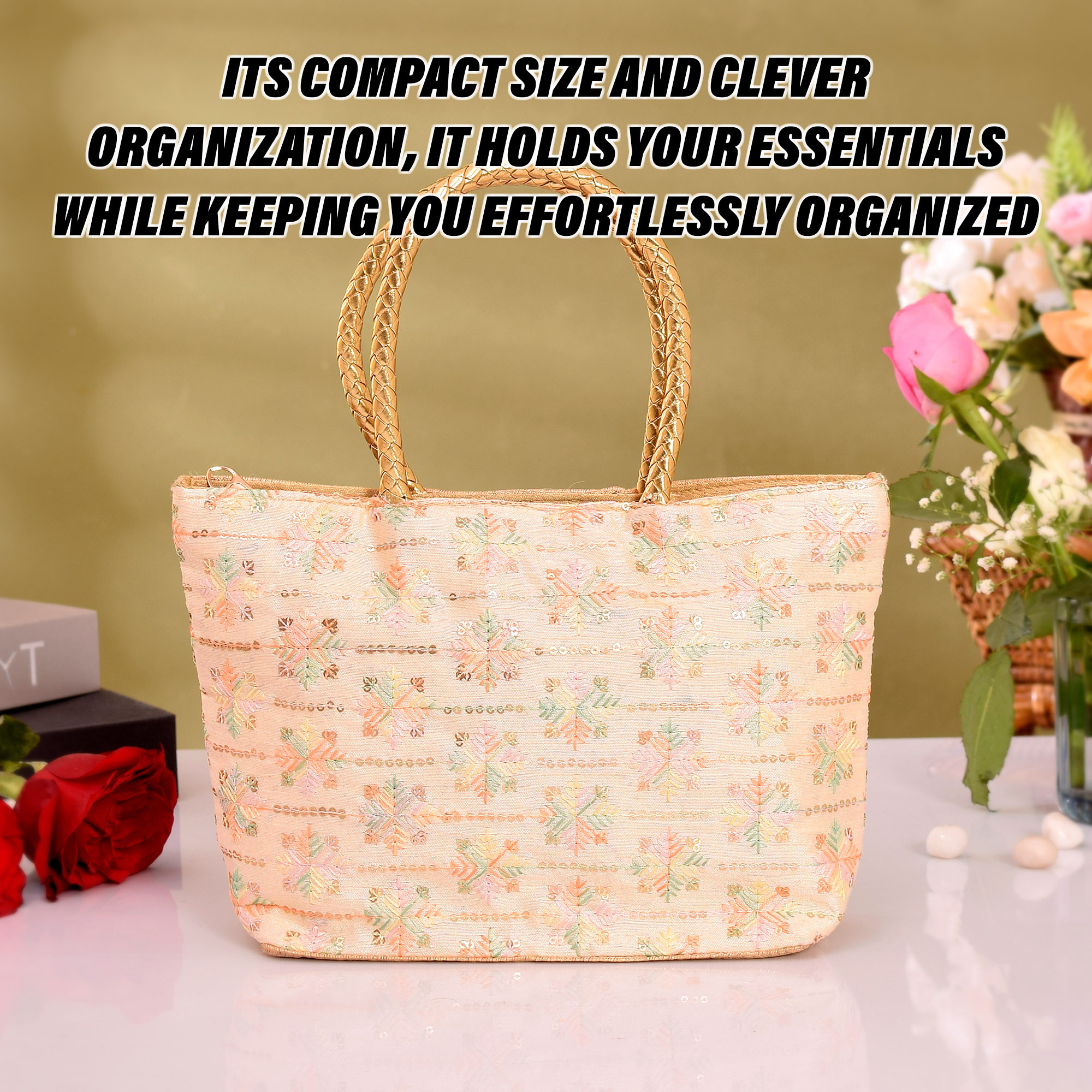 Kuber Industries Hand Purse  Traditional Hand Purse  Silk Wallet Hand Bag  Shagun Hand Purse  Gifts Hand Bag  Golden Handle Tote Hand Bag  Embroidery-Hand Purse  Medium  Golden