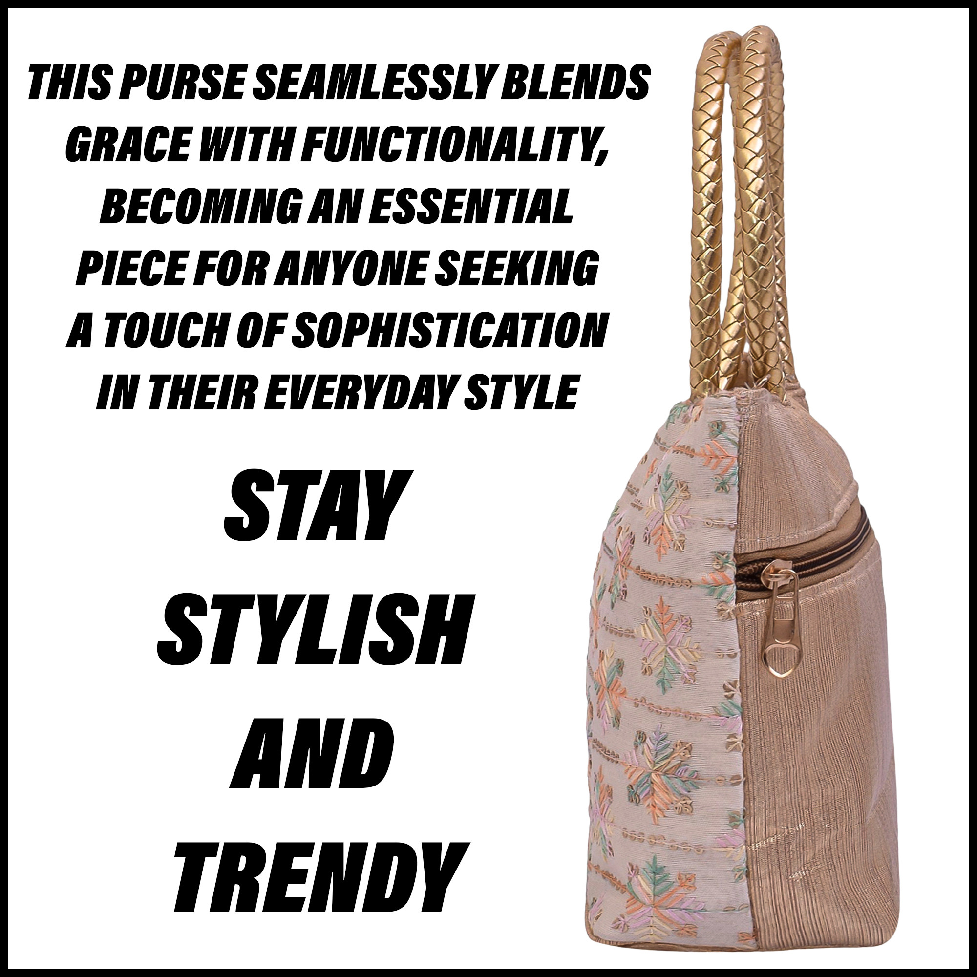 Kuber Industries Hand Purse  Traditional Hand Purse  Silk Wallet Hand Bag  Shagun Hand Purse  Gifts Hand Bag  Golden Handle Tote Hand Bag  Embroidery-Hand Purse  Medium  Golden