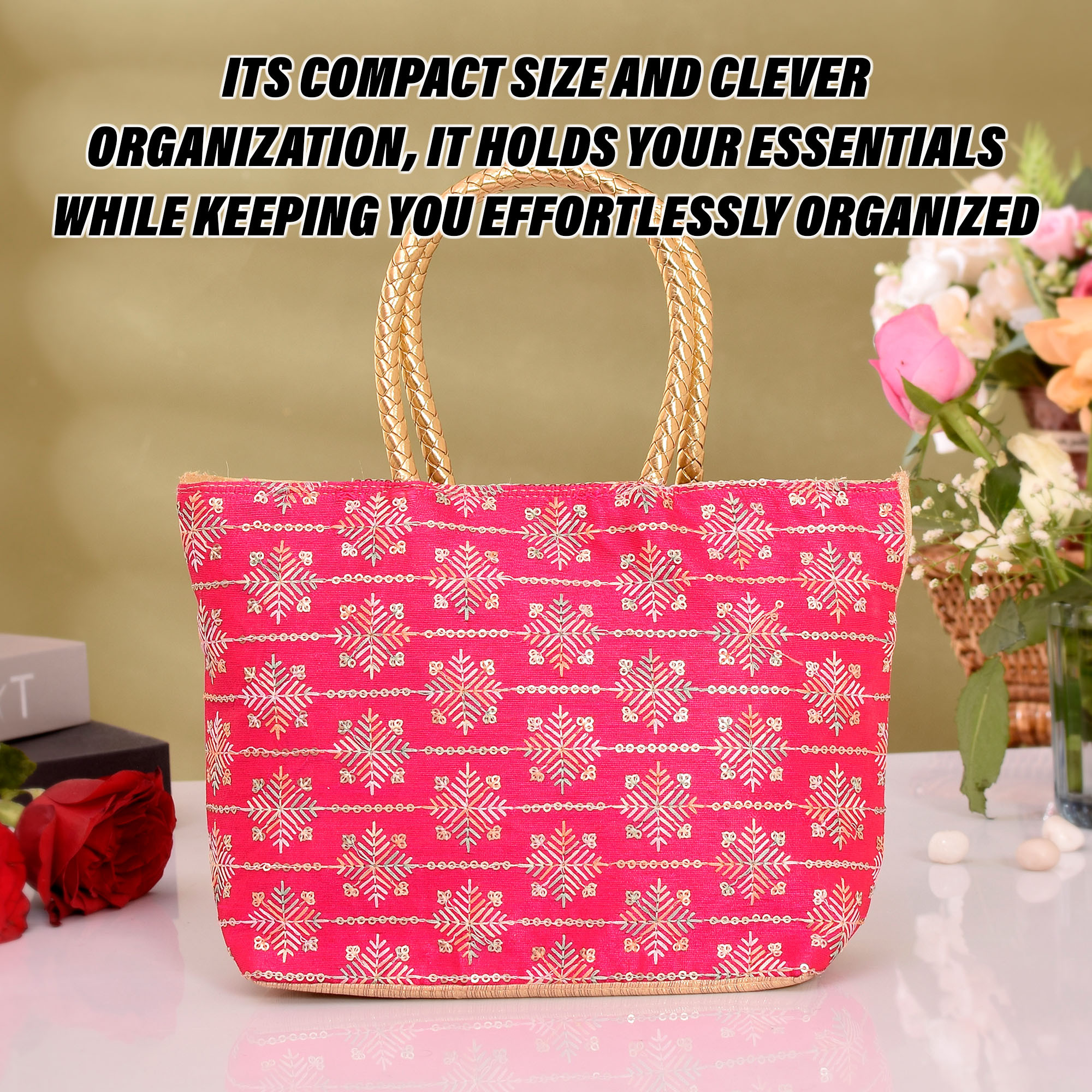 Kuber Industries Hand Purse | Traditional Hand Purse | Silk Wallet Hand Bag | Shagun Hand Purse | Gifts Hand Bag | Golden Handle Tote Hand Bag | Embroidery-Hand Purse | Medium | Rani