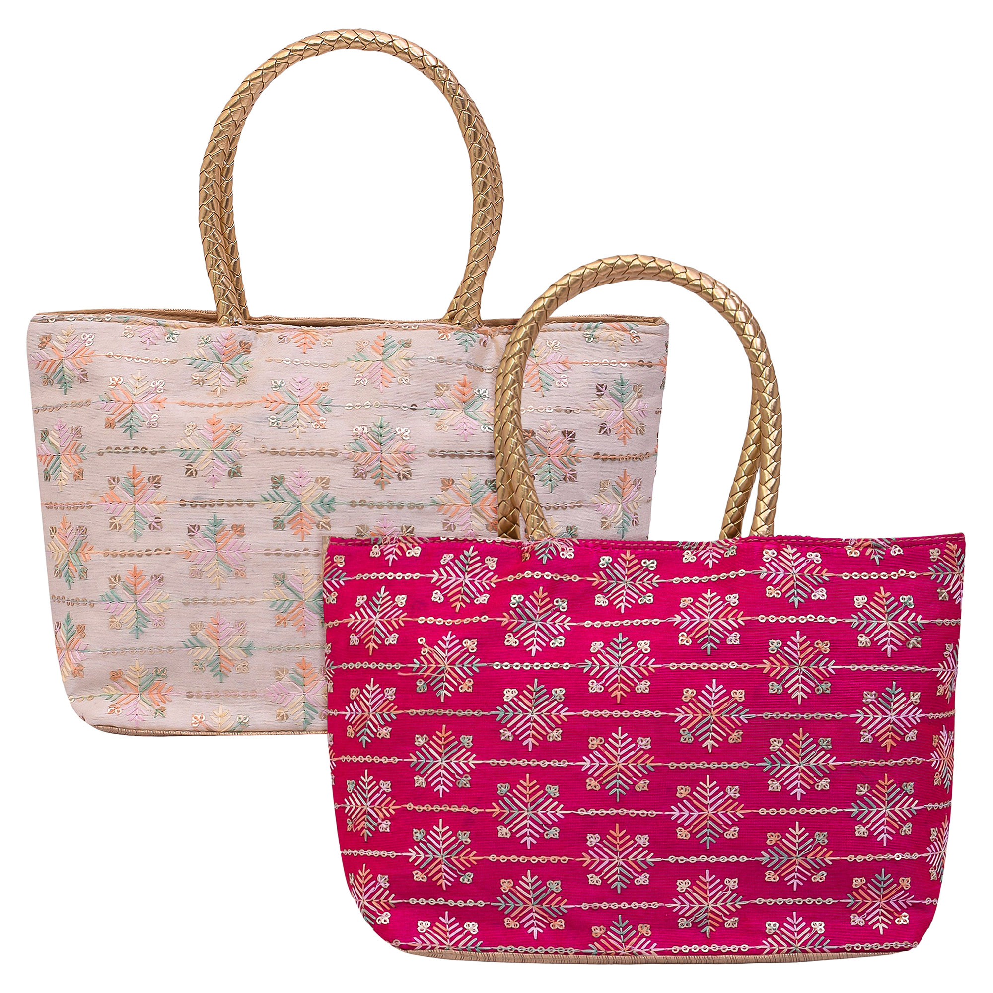 Kuber Industries Hand Purse | Traditional Hand Purse | Silk Wallet Hand Bag | Shagun Hand Purse | Gifts Hand Bag | Golden Handle Tote Hand Bag | Embroidery-Hand Purse | Medium | Pack of 2 | Multi