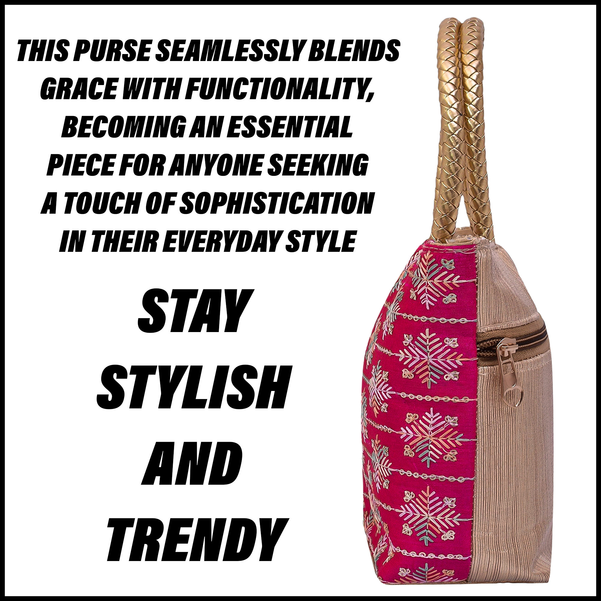 Kuber Industries Hand Purse | Traditional Hand Purse | Silk Wallet Hand Bag | Shagun Hand Purse | Gifts Hand Bag | Golden Handle Tote Hand Bag | Embroidery-Hand Purse | Medium | Pack of 2 | Multi