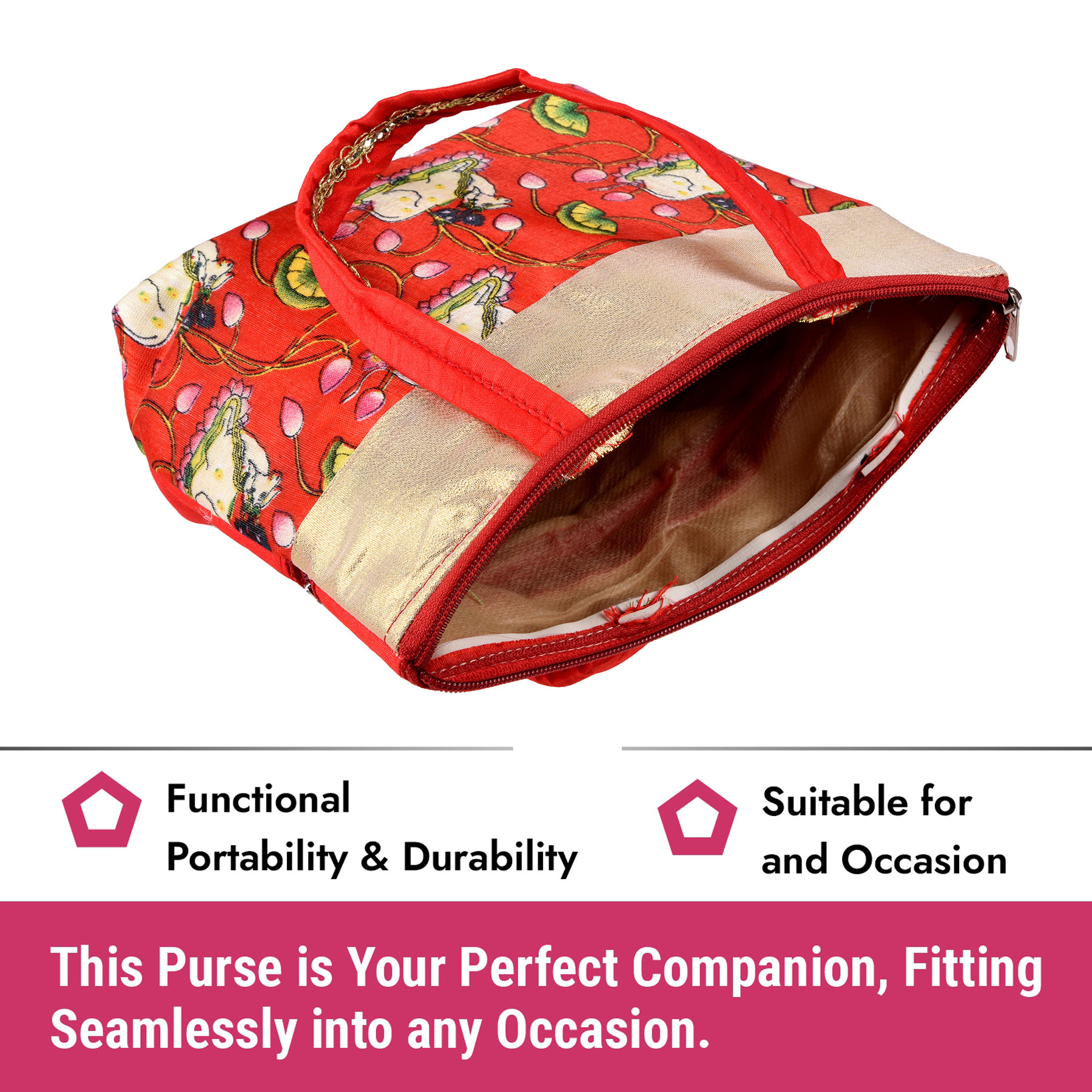 Kuber Industries Hand Purse  Traditional Mini Hand Bag  Silk Wallet Hand Bag  Shagun Hand Purse  Woman Tote Hand Bag  Gifts Hand Bag  Cow-Small Hand Purse  Pack of 2  Red