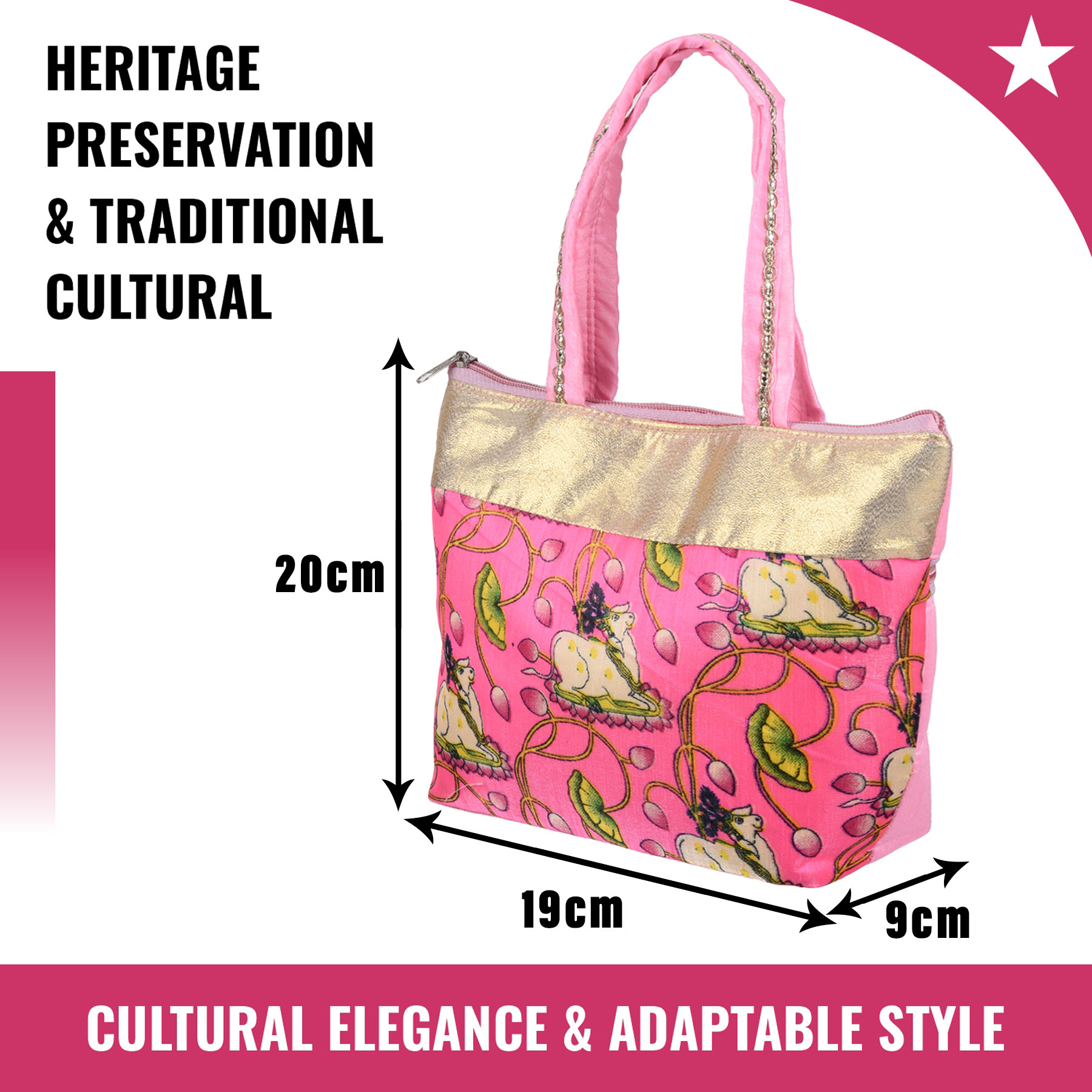 Kuber Industries Hand Purse | Traditional Mini Hand Bag | Silk Wallet Hand Bag | Shagun Hand Purse | Woman Tote Hand Bag | Gifts Hand Bag | Cow-Small Hand Purse | Pink