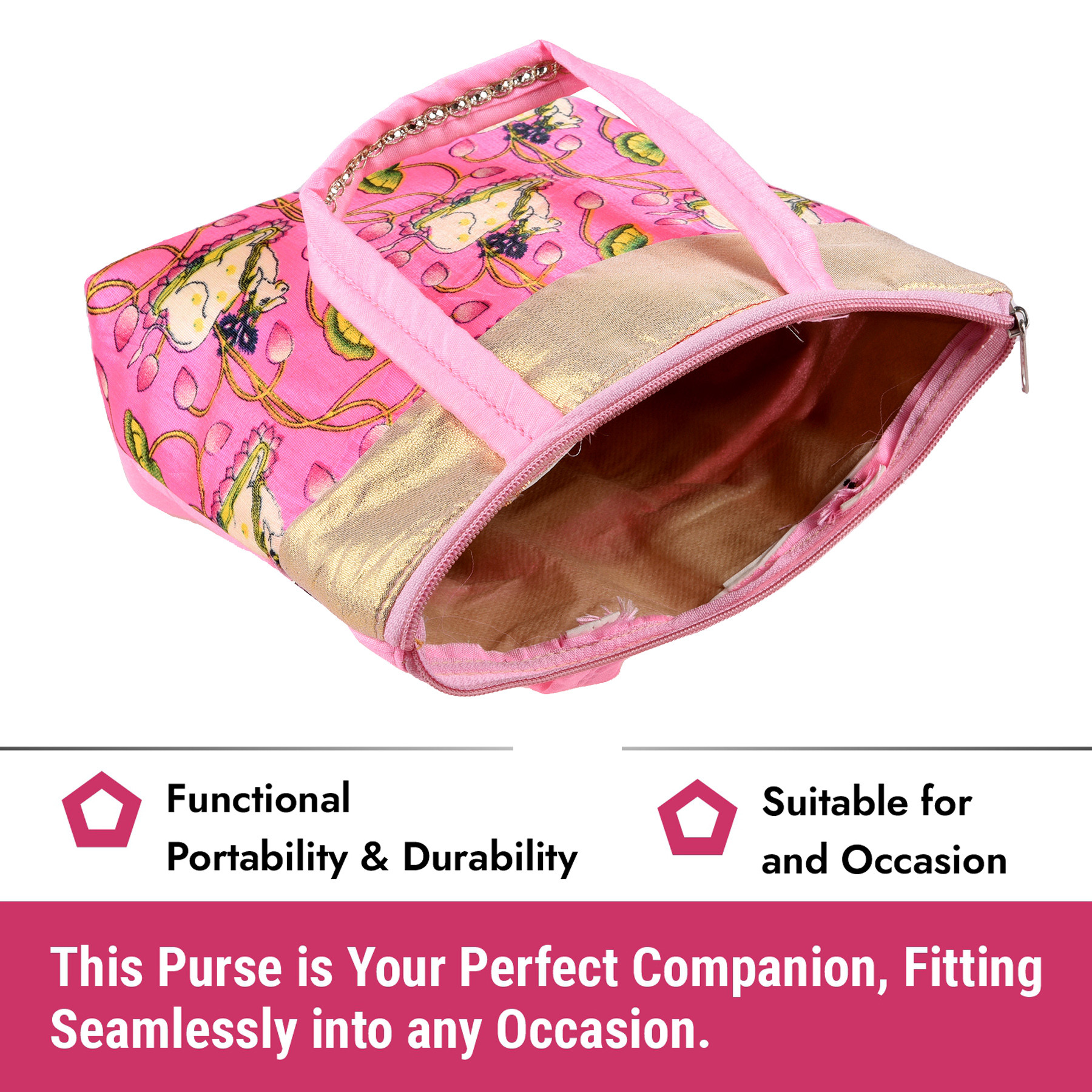 Kuber Industries Hand Purse | Traditional Mini Hand Bag | Silk Wallet Hand Bag | Shagun Hand Purse | Woman Tote Hand Bag | Gifts Hand Bag | Cow-Small Hand Purse | Pink