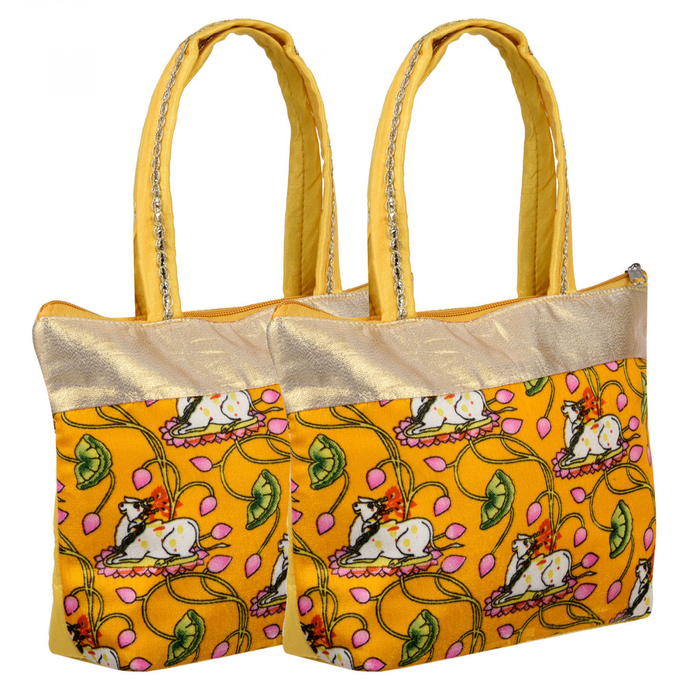 Kuber Industries Hand Purse | Traditional Mini Hand Bag | Silk Wallet Hand Bag | Shagun Hand Purse | Woman Tote Hand Bag | Gifts Hand Bag | Cow-Small Hand Purse |Yellow