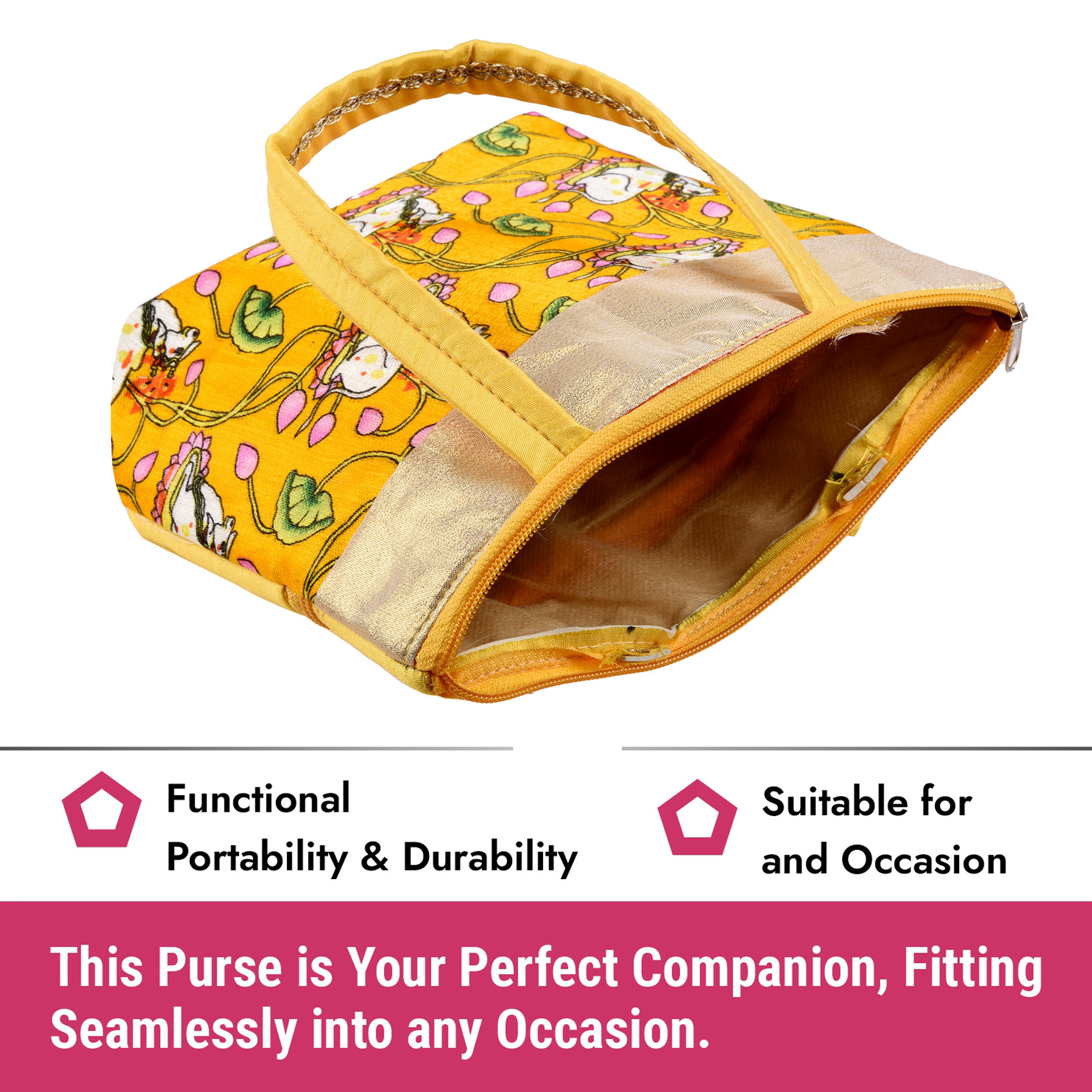 Kuber Industries Hand Purse | Traditional Mini Hand Bag | Silk Wallet Hand Bag | Shagun Hand Purse | Woman Tote Hand Bag | Gifts Hand Bag | Cow-Small Hand Purse |Yellow