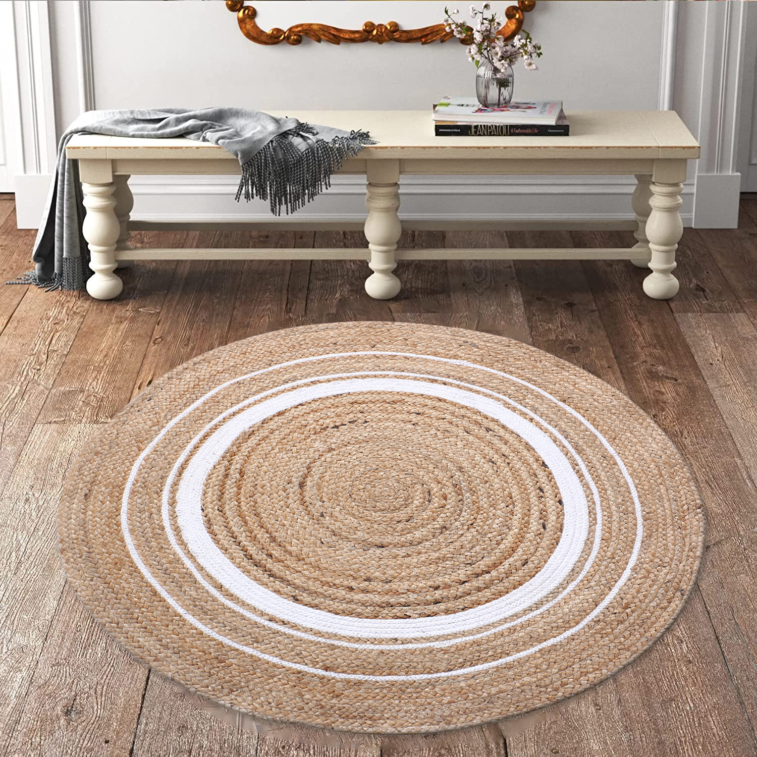 Kuber Industries Hand Woven Braided Carpet Rugs|Round Traditional Spiral Design Jute Door mat|Mat For Bedroom,Living Room,Dining Room,Yoga,60x60 cm,(White)