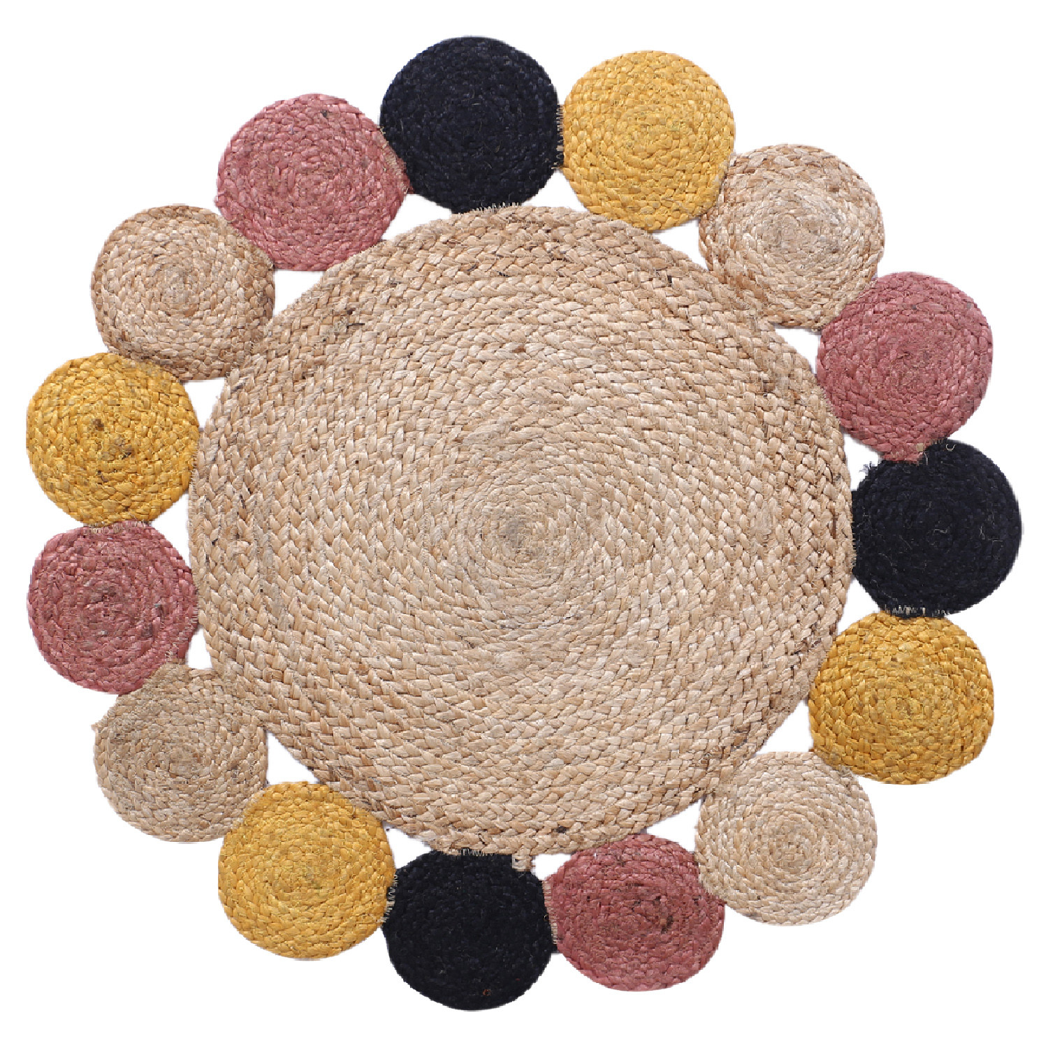 Kuber Industries Hand Woven Carpet Rugs|Natural Solid Braided Jute Door mat|Multicolor Circle Border For Bedroom,Living Room,Dining Room,Yoga,74x74 cm,(Brown)
