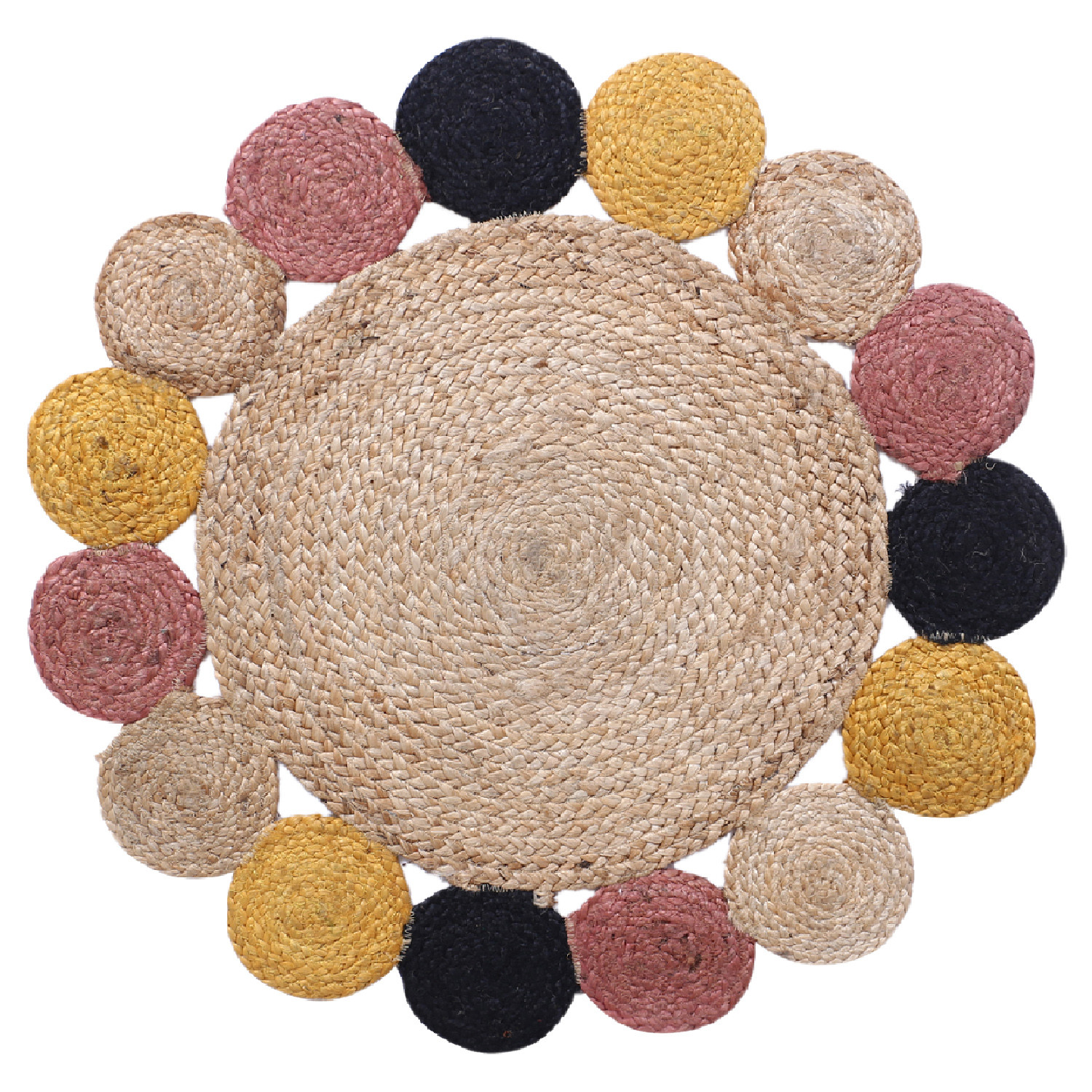 Kuber Industries Hand Woven Carpet Rugs|Natural Solid Braided Jute Door mat|Multicolor Circle Border For Bedroom,Living Room,Dining Room,Yoga,92x92 cm,(Brown)