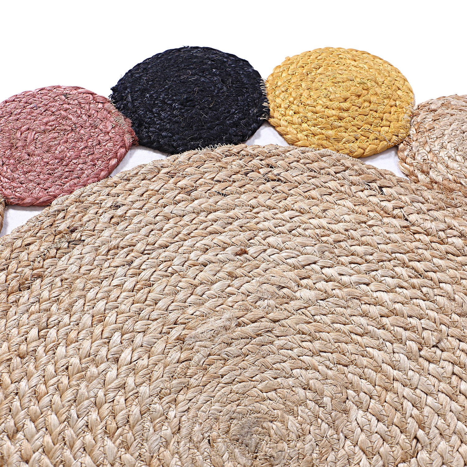 Kuber Industries Hand Woven Carpet Rugs|Natural Solid Braided Jute Door mat|Multicolor Circle Border For Bedroom,Living Room,Dining Room,Yoga,92x92 cm,(Brown)