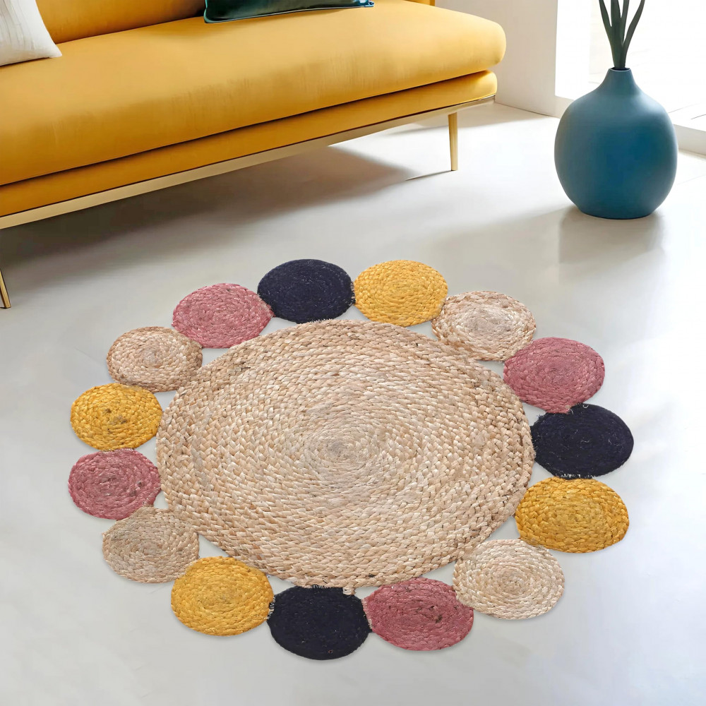 Image of Kuber Industries Hand Woven Carpet Rugs|Natural Solid Braided Jute Door mat|Multicolor Circle Border For Bedroom,Living Room,Dining Room,Yoga,74x74 cm,(Brown)