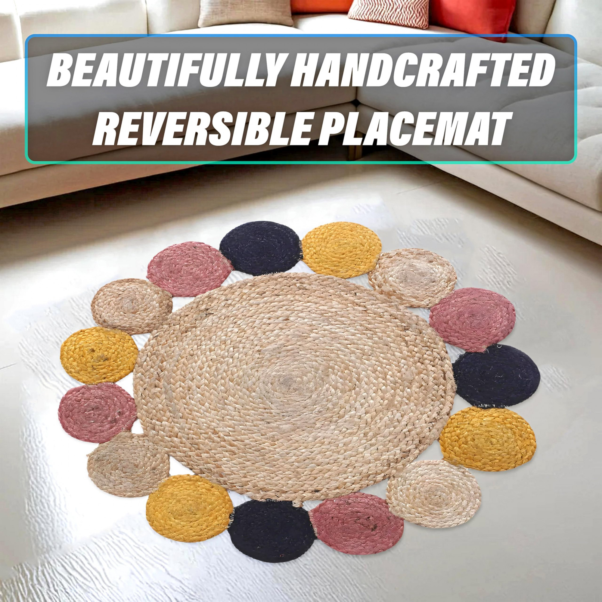 Kuber Industries Hand Woven Carpet RugsNatural Solid Braided Jute Door matMulticolor Circle Border For BedroomLiving RoomDining RoomYoga74x74 cmBrown