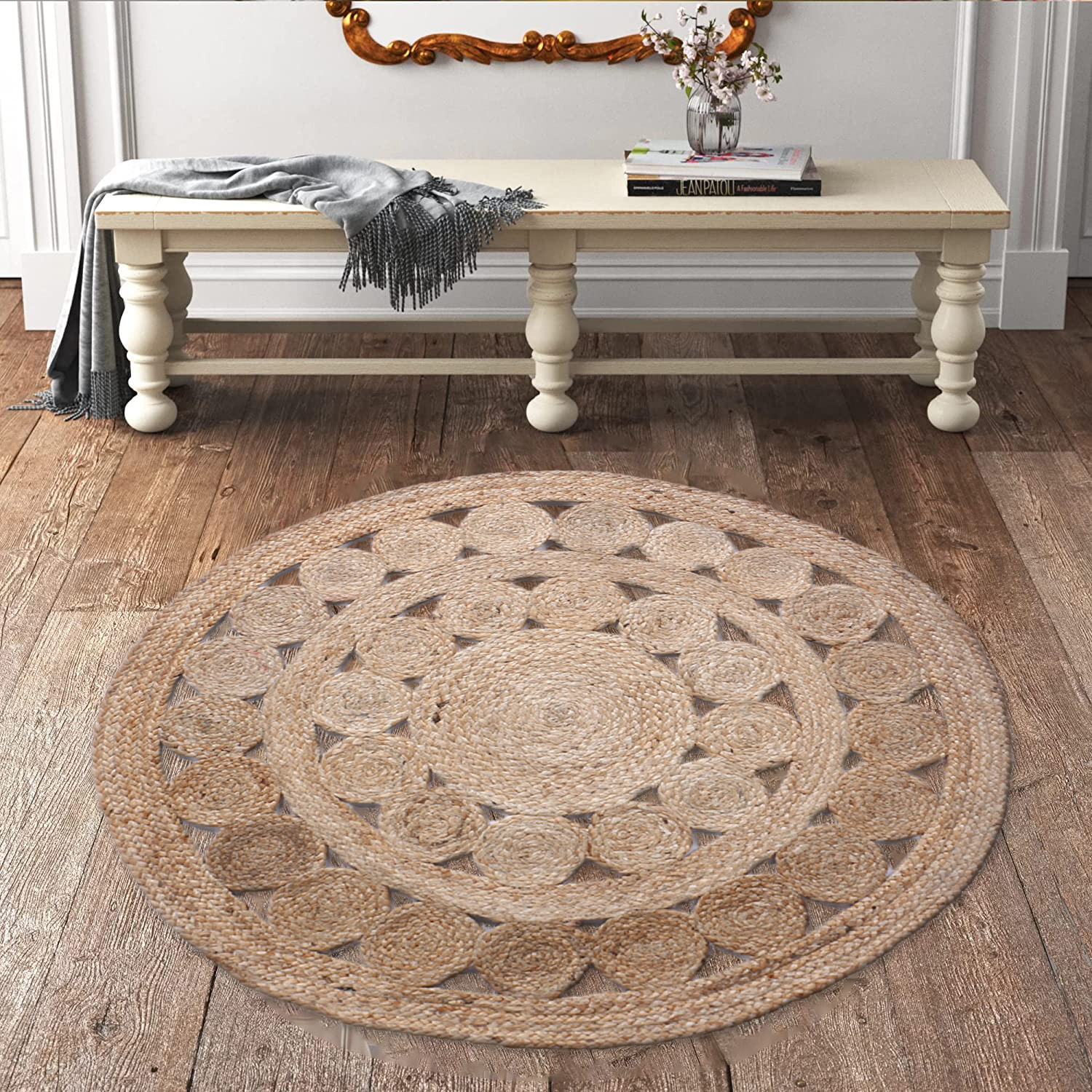 Kuber Industries Hand Woven Carpet Rugs|Natural Stitch Braided Jute Door mat|Multi Circle Border Shape Mat For Bedroom,Living Room,Dining Room,Yoga,91x91 cm,(Brown)