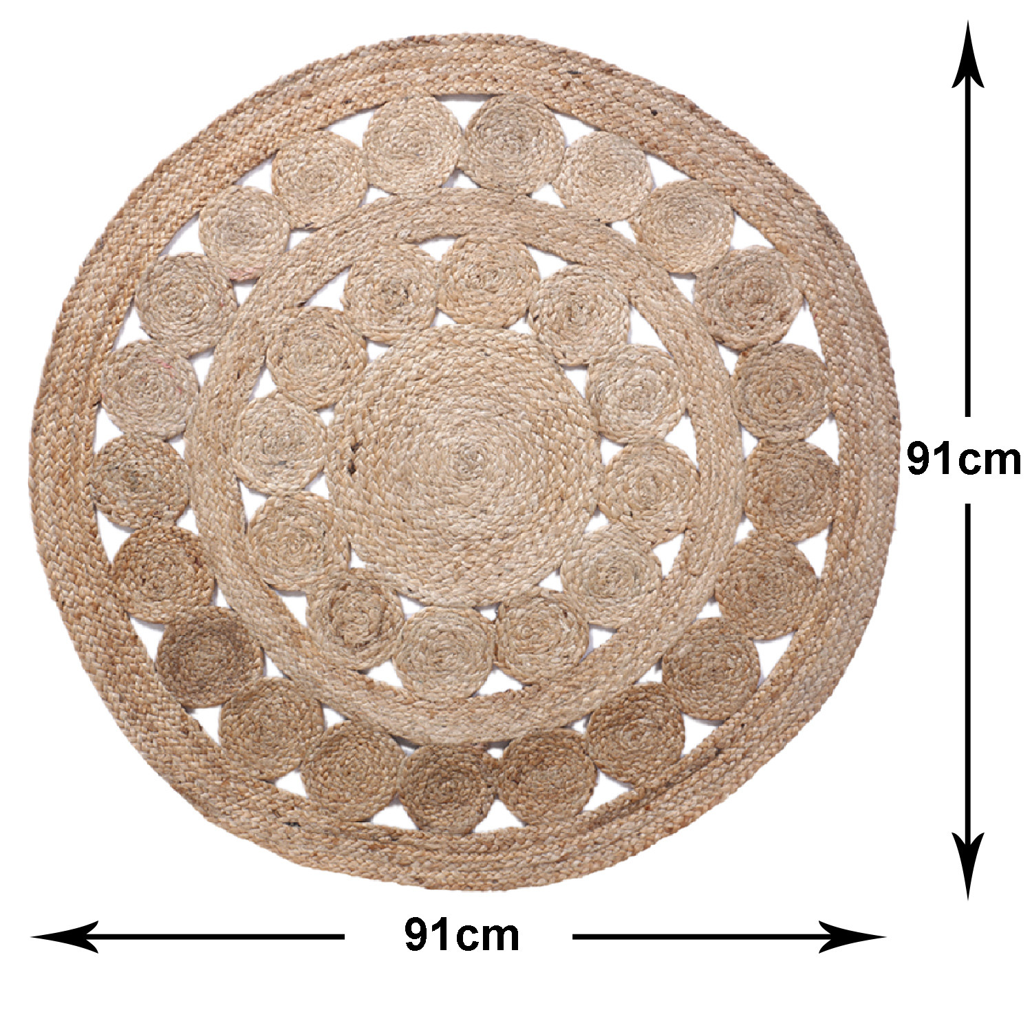 Kuber Industries Hand Woven Carpet Rugs|Natural Stitch Braided Jute Door mat|Multi Circle Border Shape Mat For Bedroom,Living Room,Dining Room,Yoga,91x91 cm,(Brown)