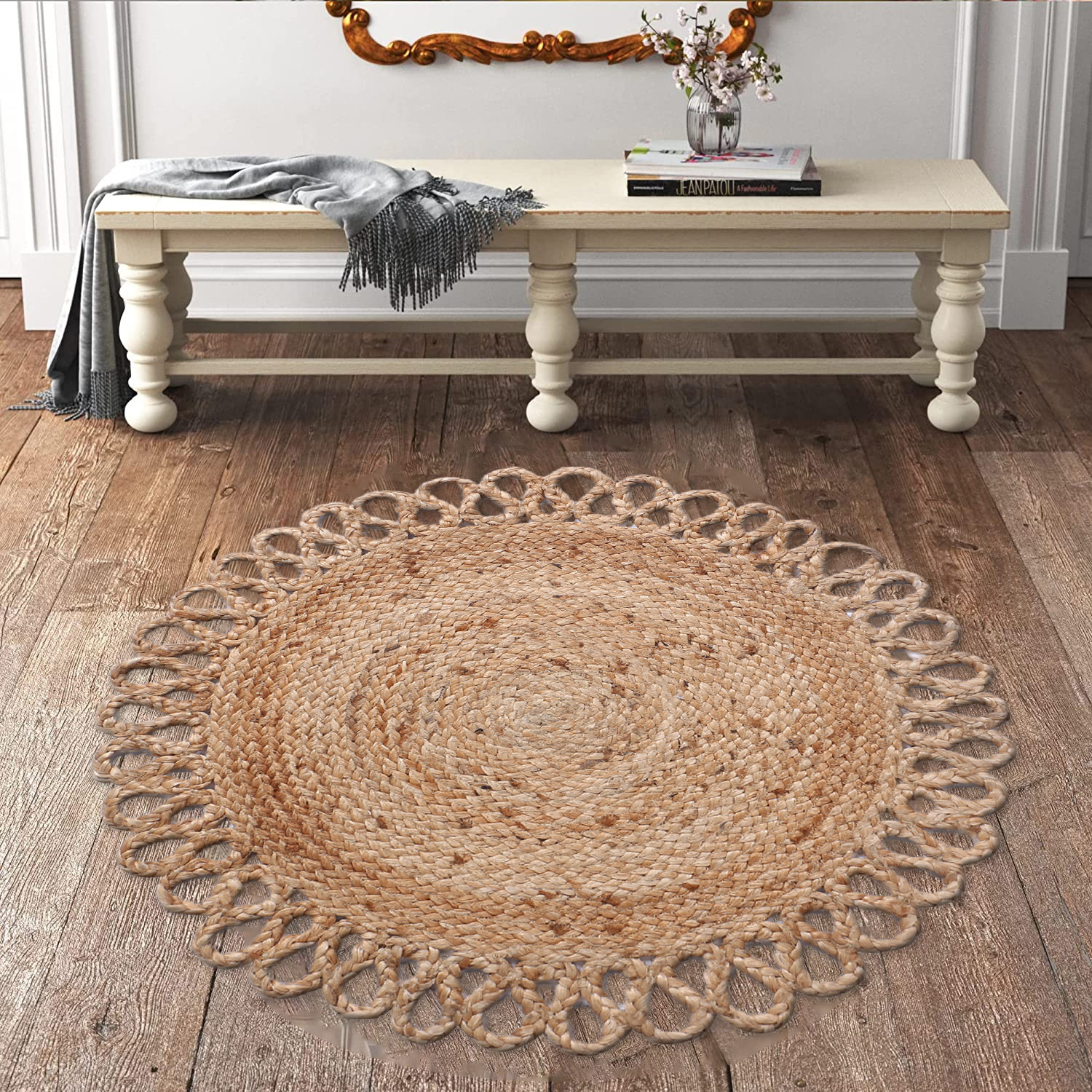 Kuber Industries Hand Woven Carpet Rugs|Natural Stitch Braided Jute Door mat|Round Shape Mat For Bedroom,Living Room,Dining Room,Yoga,60x60 cm,(Brown)