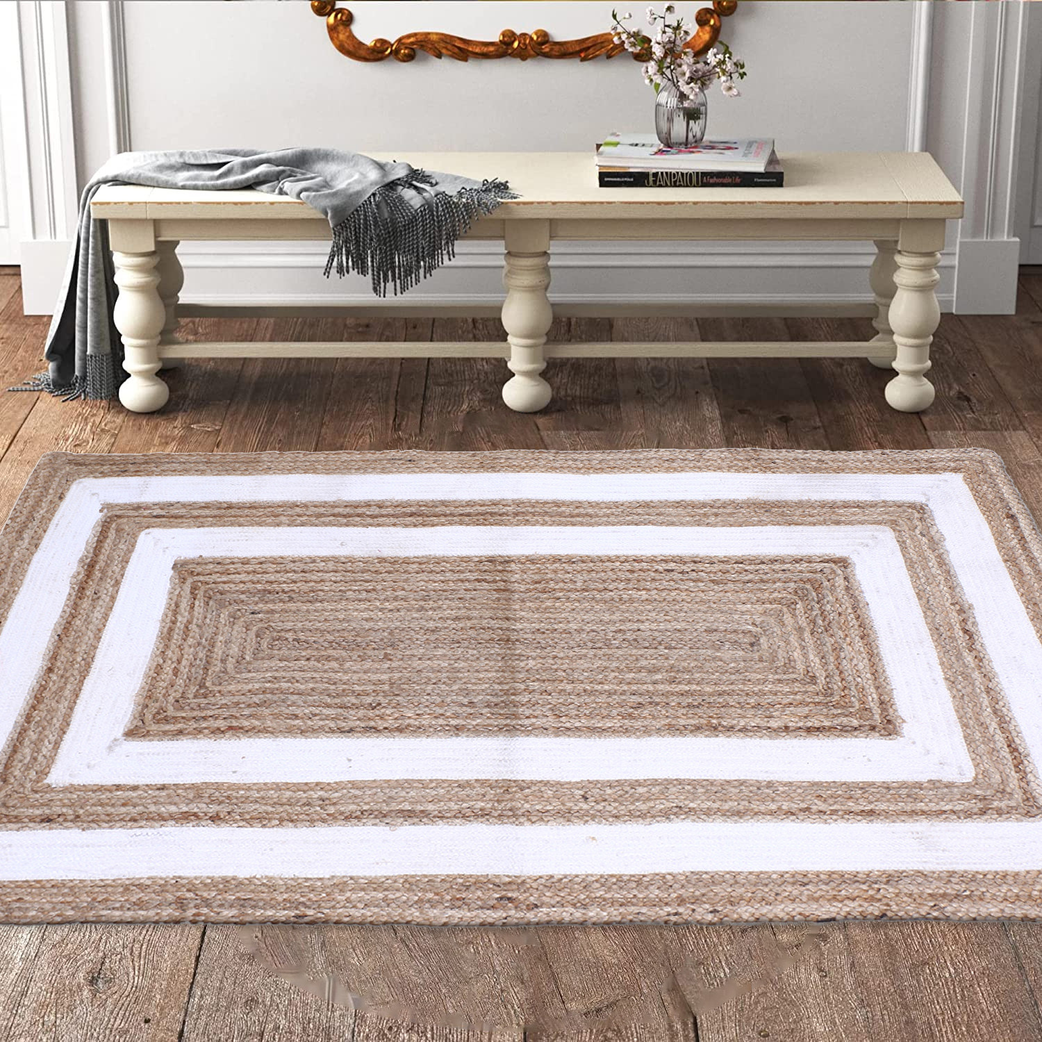 Kuber Industries Hand Woven Carpet|Jute Rectangular Shape Centre Table Dhurrie|Striped Floor Door Mat For Furnish Living Room,Bedroom,5x3 Feet,(White)