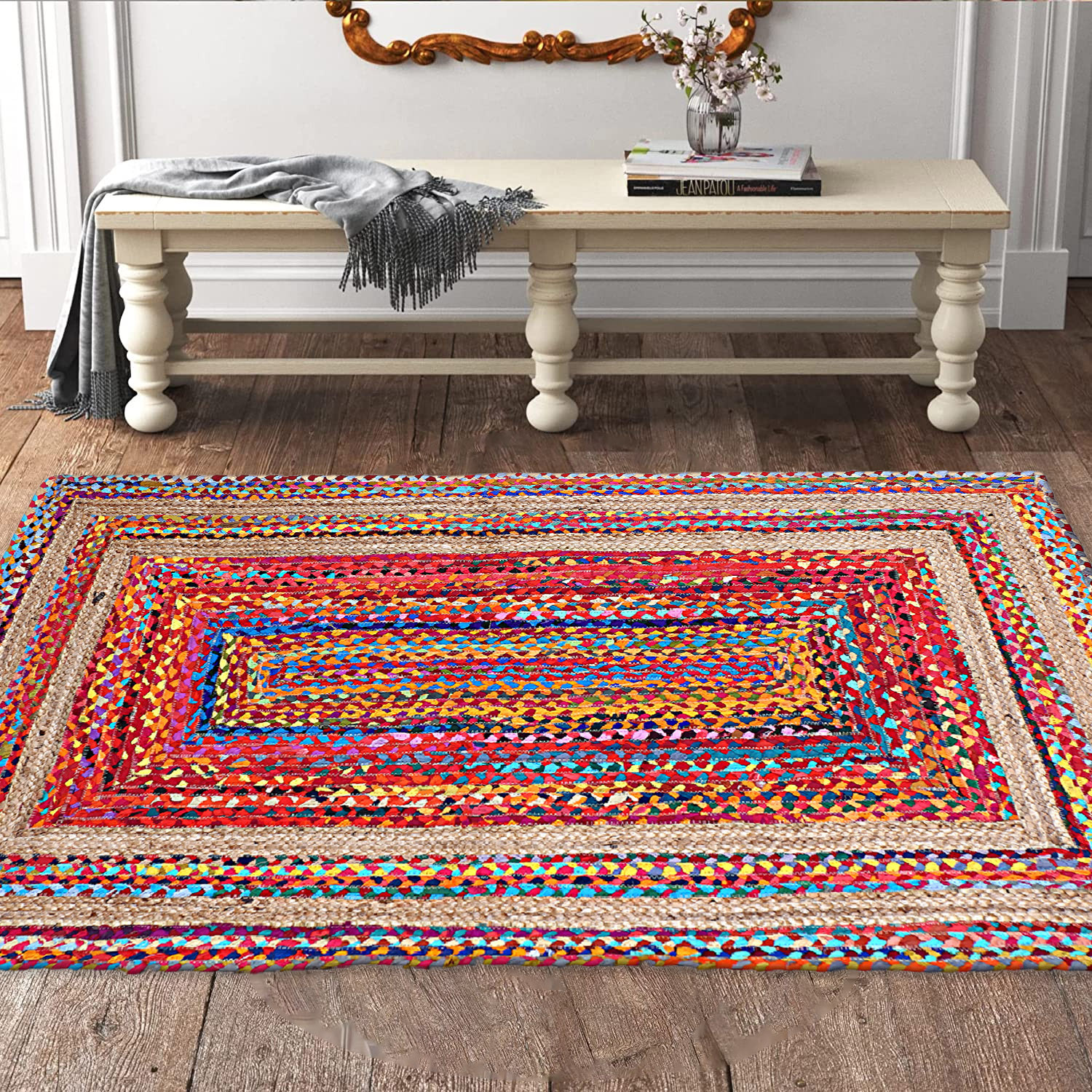 Kuber Industries Hand Woven Carpet|Jute Rectangular Shape Centre Table Dhurrie|Striped Floor Door Mat For Furnish Living Room,Bedroom,5x3 Feet,(Multicolor)