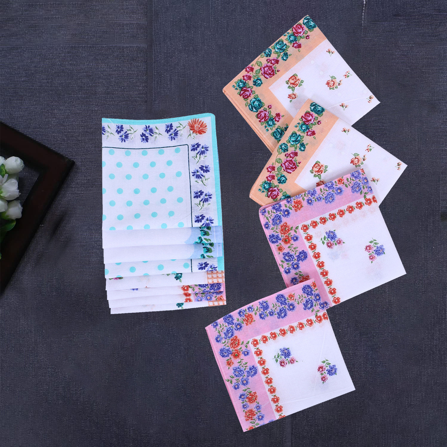 Kuber Industries Handkerchiefs | Soft Cotton Hankies for Woman | Hankies for Girls | White Border Ladies Hanky | Skin Care Hanky for Girls | Set of 12 | Multi