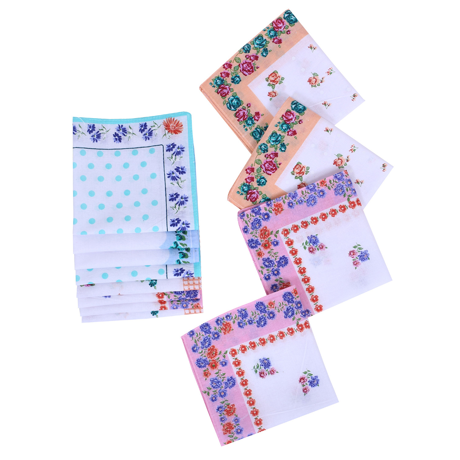 Kuber Industries Handkerchiefs  Soft Cotton Hankies for Woman  Hankies for Girls  White Border Ladies Hanky  Skin Care Hanky for Girls  Set of 12  Multi