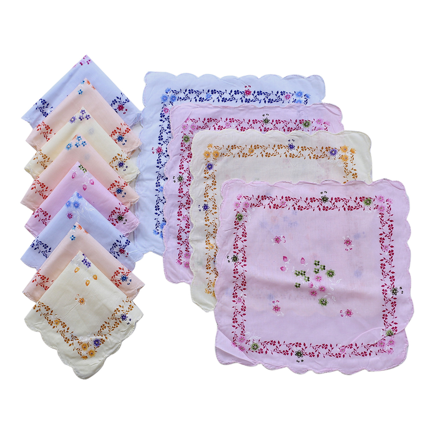 Kuber Industries Handkerchiefs|Leaf Print Cutwork Soft Cotton Hankies For Woman,Girls & Wicking Sweat from Hands,Face,Set of 12 (Multicolor)