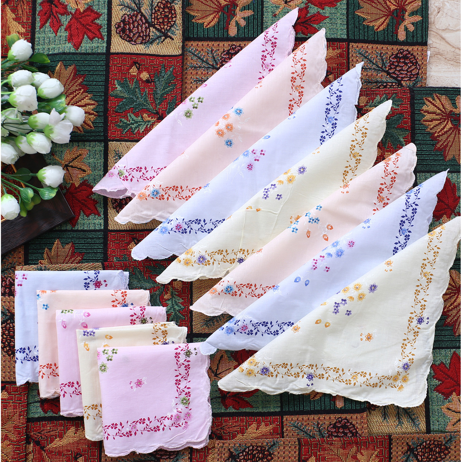 Kuber Industries Handkerchiefs|Leaf Print Cutwork Soft Cotton Hankies For Woman,Girls & Wicking Sweat from Hands,Face,Set of 12 (Multicolor)