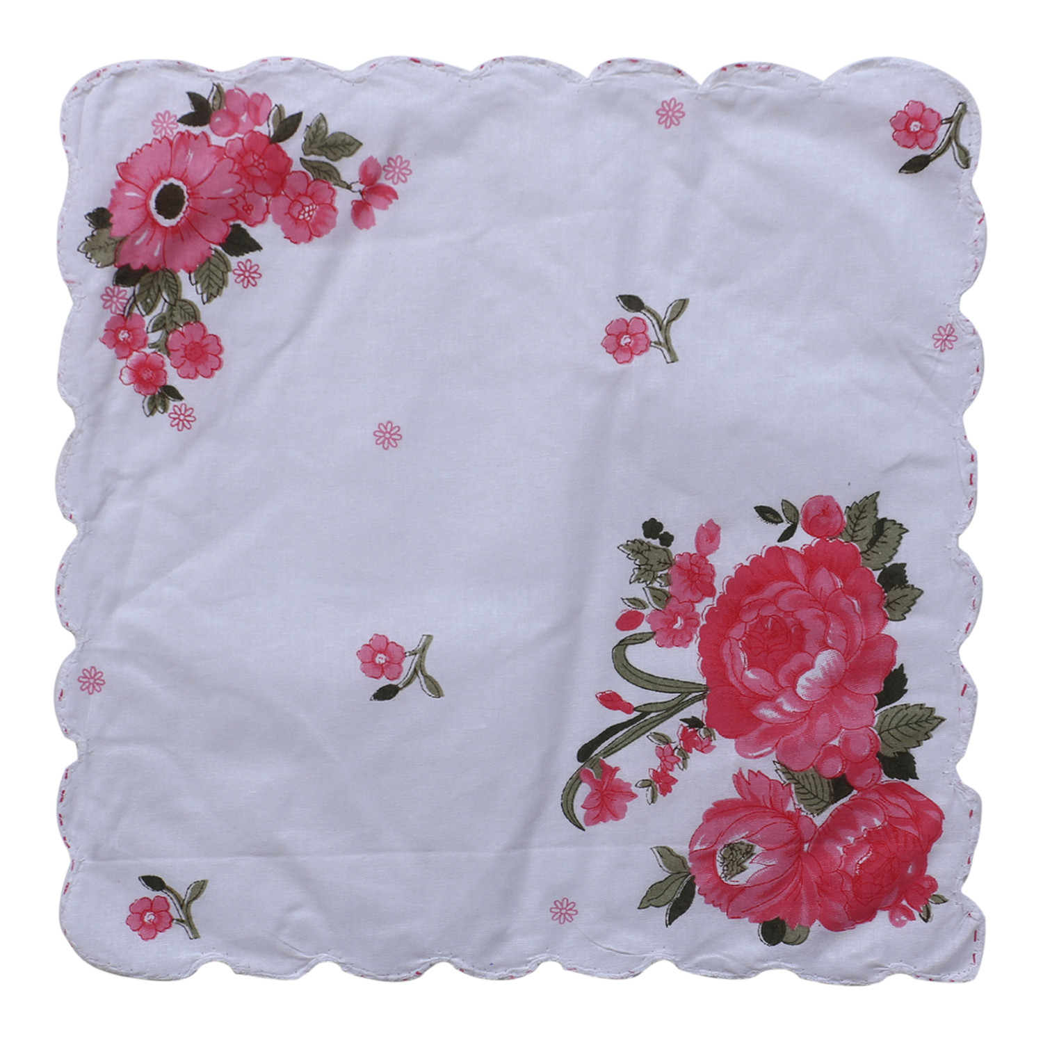 Kuber Industries Handkerchiefs|Multicolor Rose Print Cutwork Soft Cotton Hankies For Woman,Girls & Wicking Sweat from Hands,Face,Set of 12 (White)