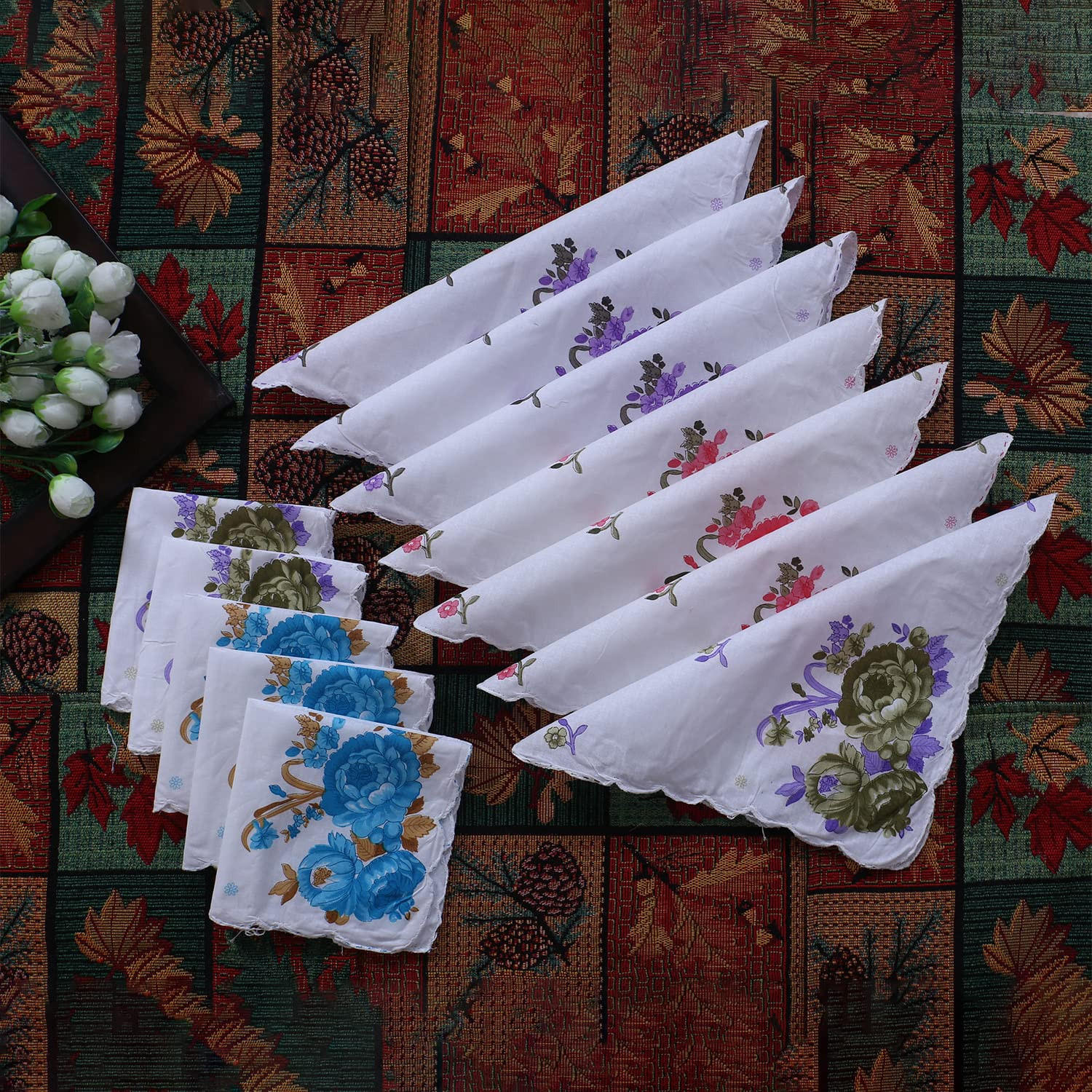Kuber Industries HandkerchiefsMulticolor Rose Print Cutwork Soft Cotton Hankies For WomanGirls  Wicking Sweat from HandsFaceSet of 12 White