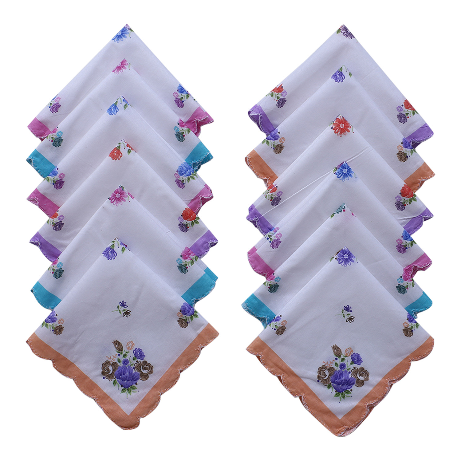 Kuber Industries Handkerchiefs|Multicolored Floral Print Cutwork Soft Cotton Hankies For Woman,Girls & Wicking Sweat from Hands,Face,Set of 12 (Multicolor)