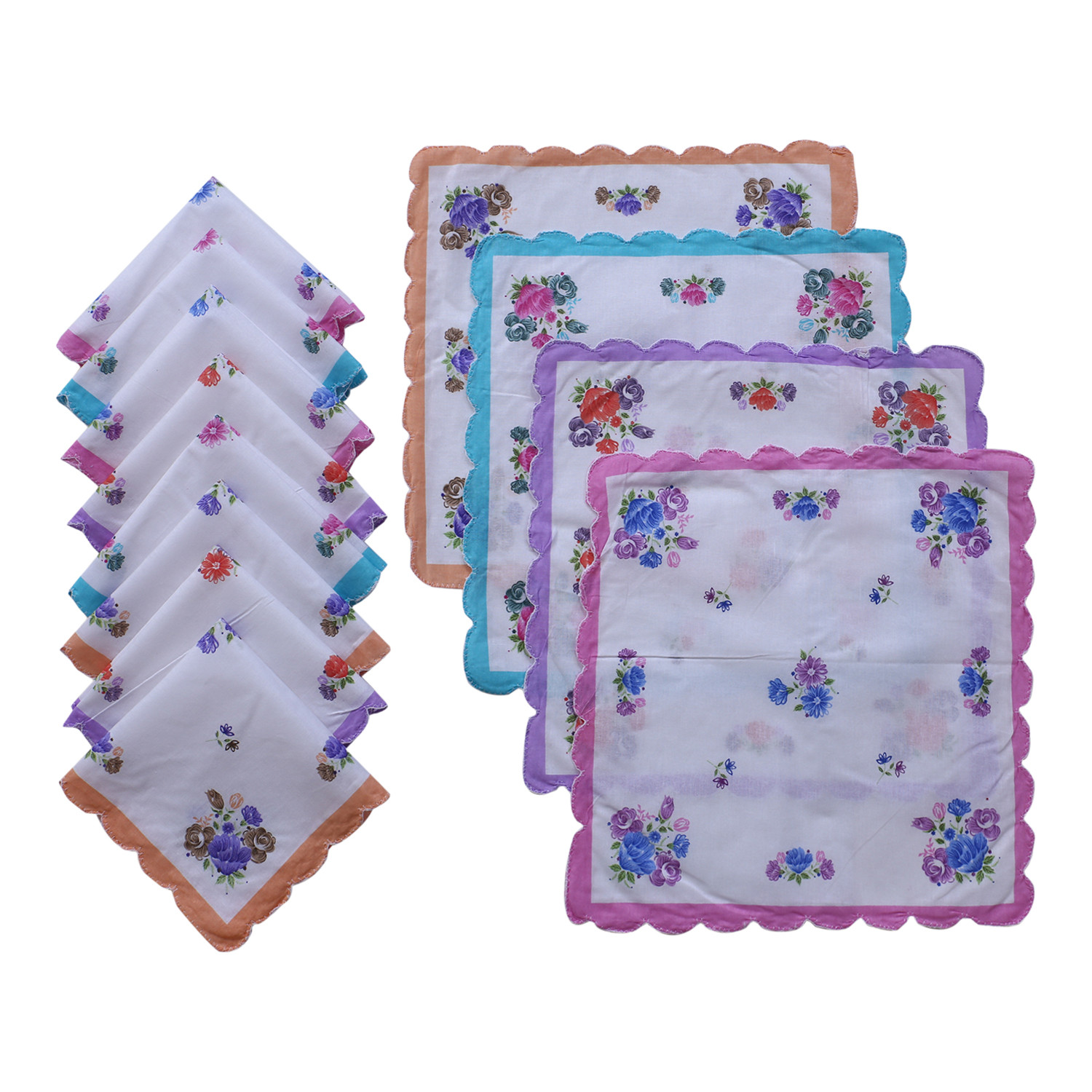 Kuber Industries Handkerchiefs|Multicolored Floral Print Cutwork Soft Cotton Hankies For Woman,Girls & Wicking Sweat from Hands,Face,Set of 12 (Multicolor)