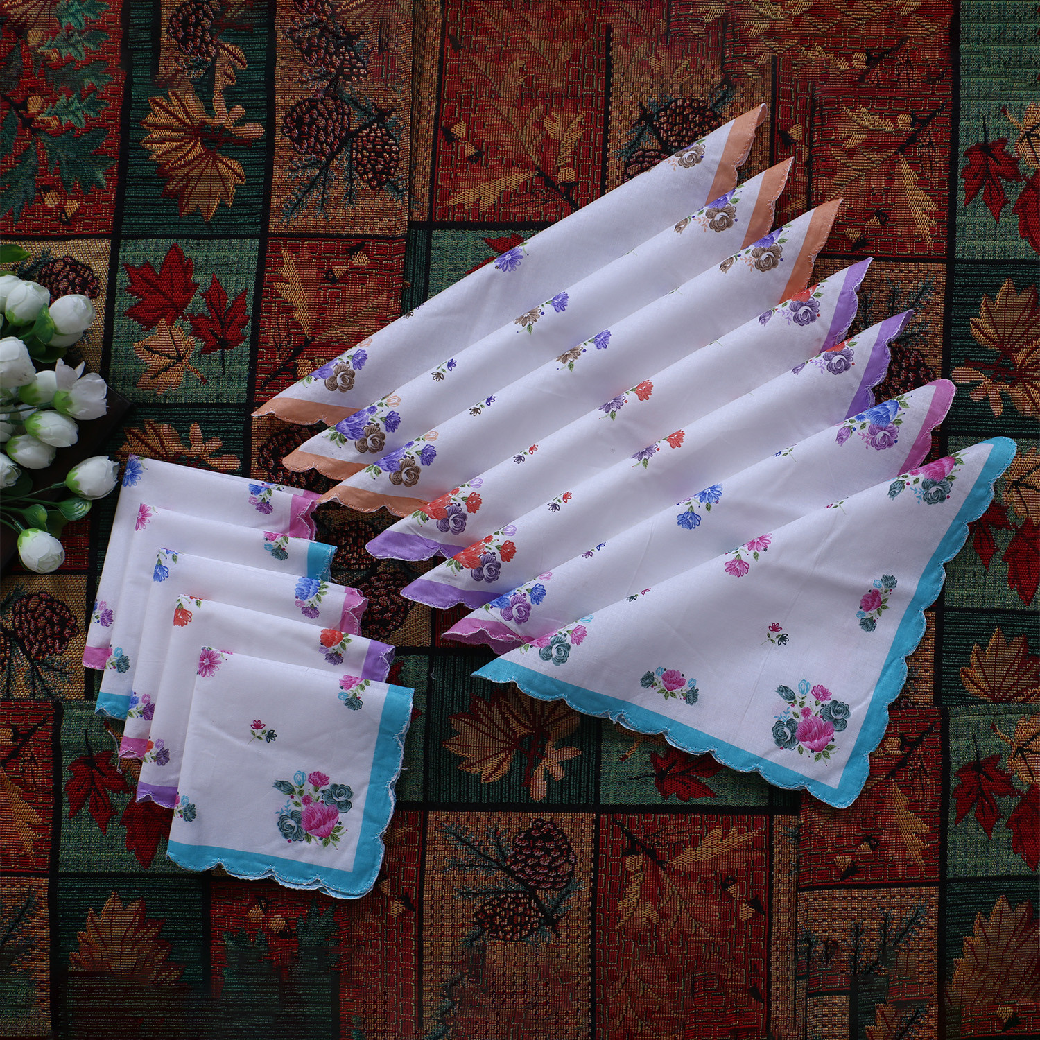 Kuber Industries Handkerchiefs|Multicolored Floral Print Cutwork Soft Cotton Hankies For Woman,Girls & Wicking Sweat from Hands,Face,Set of 12 (Multicolor)