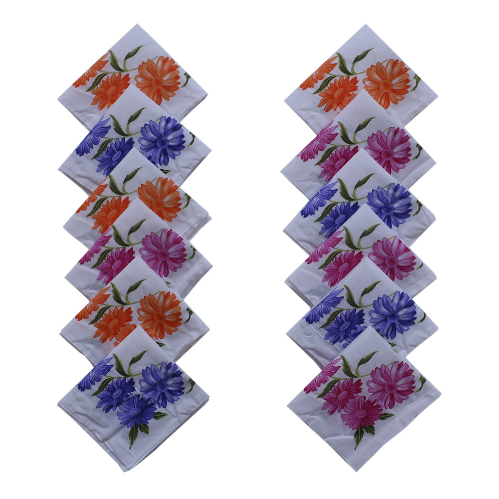 Kuber Industries Handkerchiefs|Soft Cotton Multicolored Sun Flower Print Hankies For Woman,Girls &amp; Wicking Sweat from Hands,Face,Set of 12 (White)