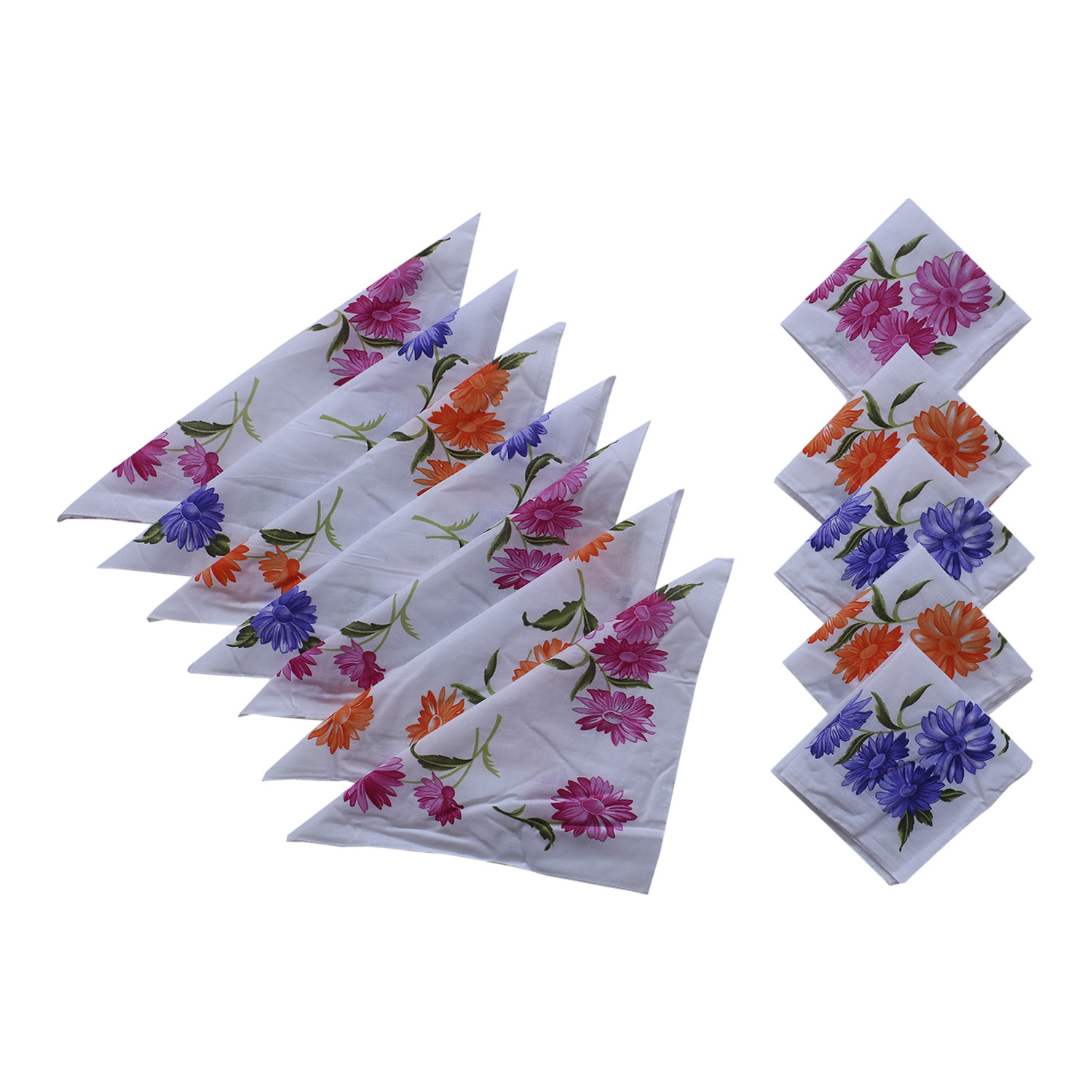 Kuber Industries Handkerchiefs|Soft Cotton Multicolored Sun Flower Print Hankies For Woman,Girls & Wicking Sweat from Hands,Face,Set of 12 (White)