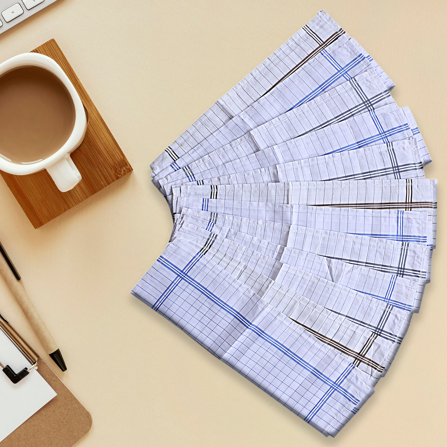 Kuber Industries Handkerchiefs|Sweat Absorbent Check Print Soft Cotton Hankies For Man,Boys & Wicking Sweat from Hands,Face (White)