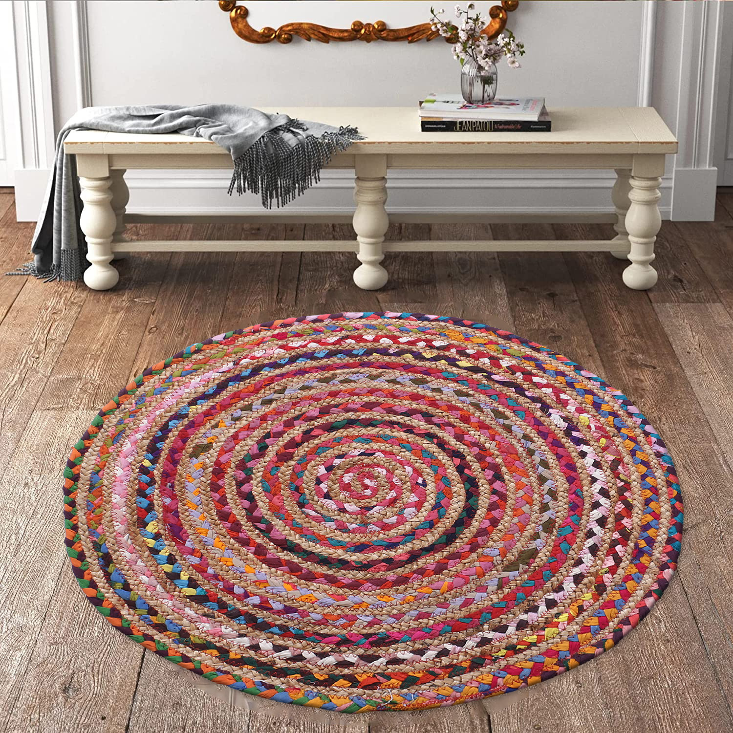 Kuber Industries Handmade Braided Area Rug|Organic Natural Jute Door Mat|Carpet For Bedroom,Living Room,Dining Room,65x65 cm,(Multicolor)