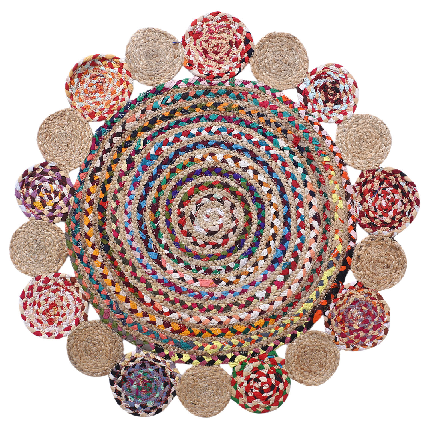 Kuber Industries Handmade Braided Area Rug|Organic Natural Jute Multi Circle Border Door Mat|Carpet For Bedroom,Living Room,Dining Room,92x92 cm,(Multicolor)