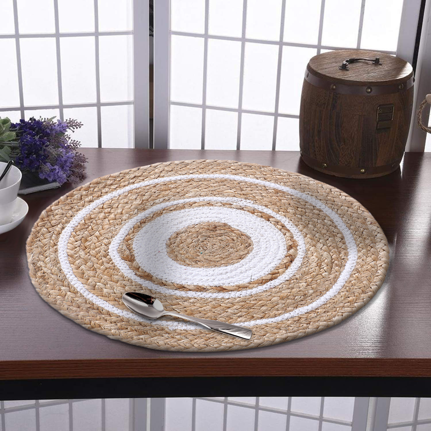 Kuber Industries Handmade Braided Carpet Rugs|Traditional Spiral Design Jute Placemat|Table Top Mat For Bedroom,Living Room,Dining Room,36x36 cm,(White)