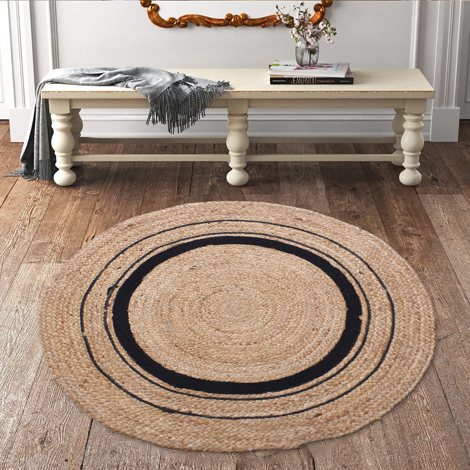 Kuber Industries Handmade Carpet|Cotton Circular Shape Black Layer Door Mat|Jute Area Rugs For Meditation,Living Room,Dining Room & Home Décor,92x92 cm,(Brown)
