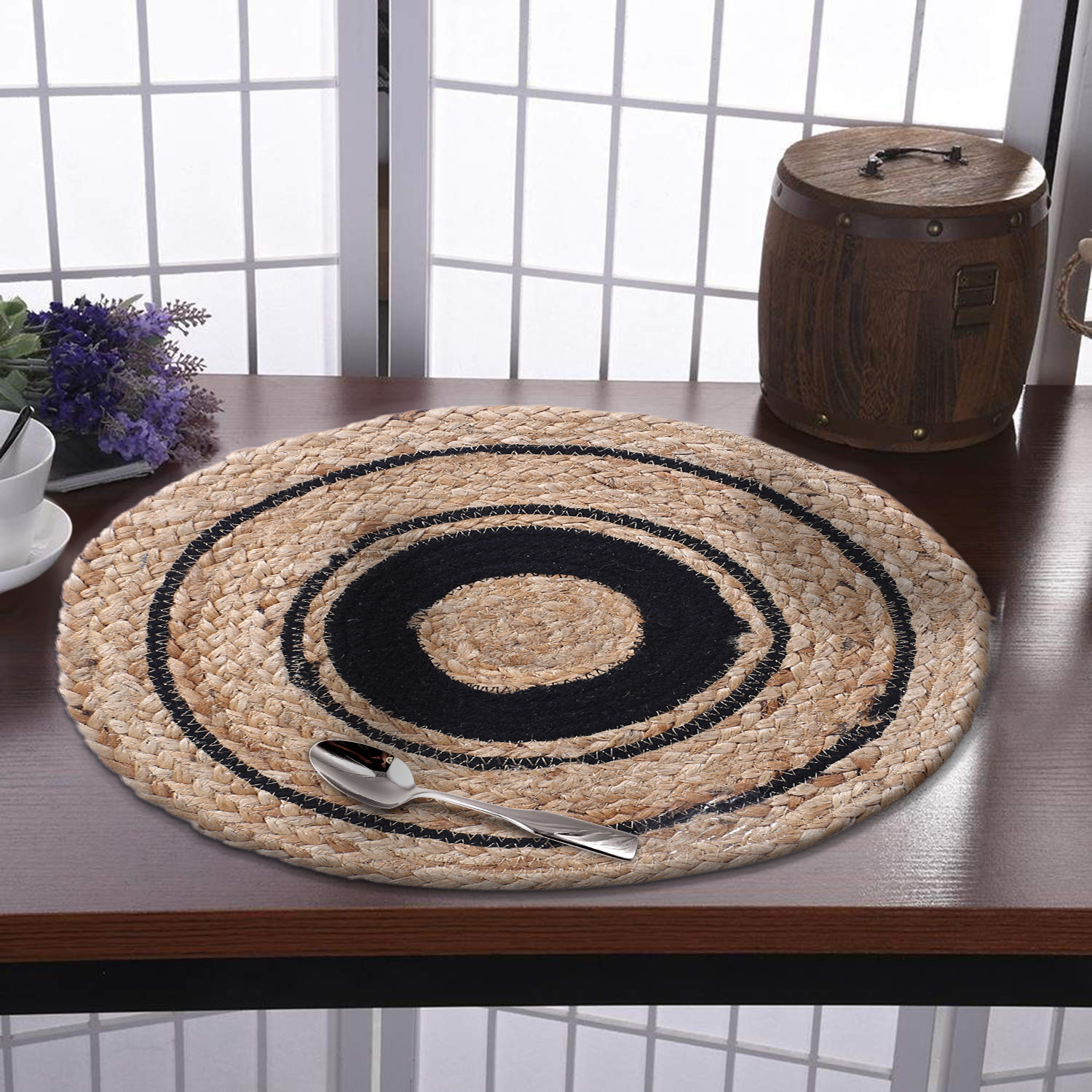 Kuber Industries Handmade Carpet|Cotton Circular Shape Black Layer Placemat|Jute Table Top Mat For Living Room,Dining Room & Home Décor,35x35 cm,(Brown)