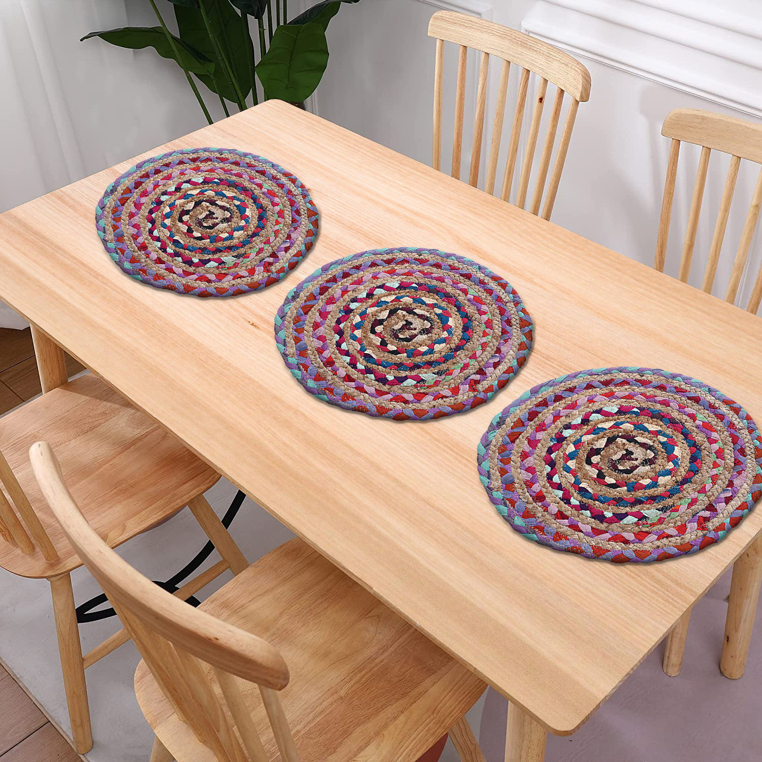 Kuber Industries Handmade Round Braided Carpet Rug|Organic Natural Jute Placemat For Bedroom,Living Room,Dining Room,37x37 cm,(Multicolor)