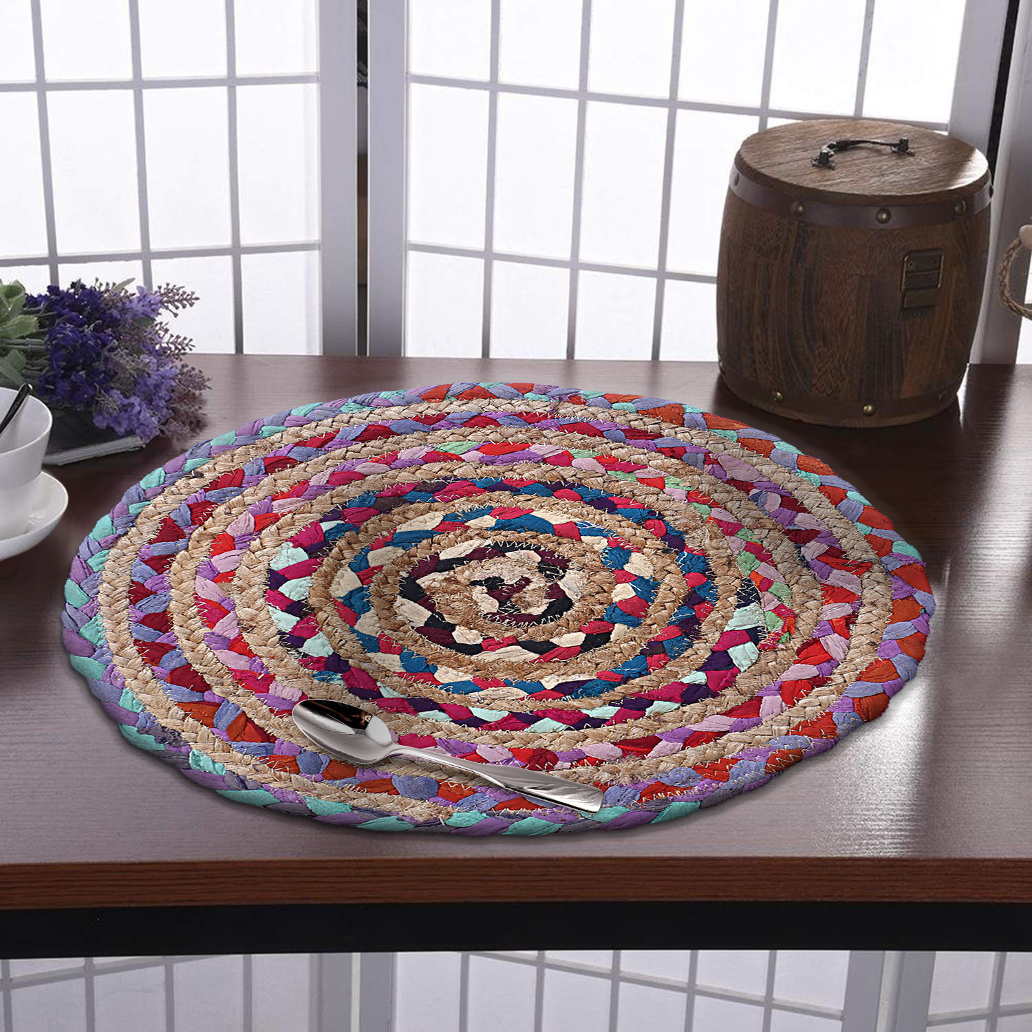 Kuber Industries Handmade Round Braided Carpet Rug|Organic Natural Jute Placemat For Bedroom,Living Room,Dining Room,37x37 cm,(Multicolor)