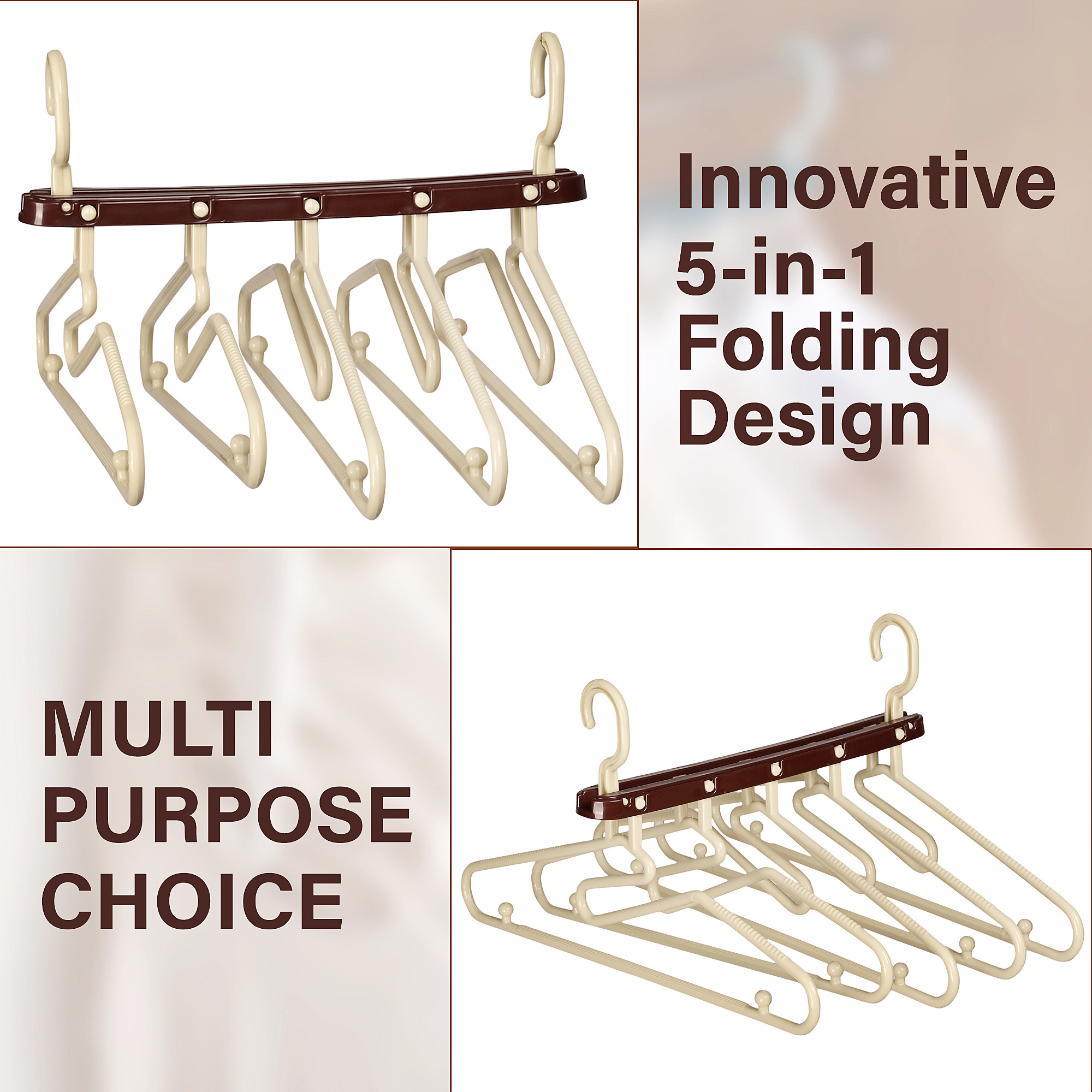 Kuber Industries Hanger Organizer  5 in 1 Folding Hanger  Magic Hanger for Closet  Clothes Hanger  Hanger for Shirts-Pants-Jeans-Lingerie-Ties  Closet Organizer  Cream  Brown