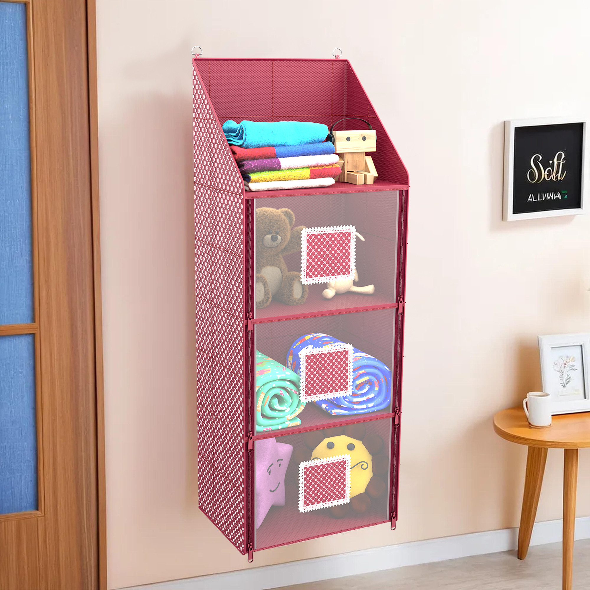 Kuber Industries Hanging Almirah  Folding Baby Almirah  4 Compartments Storage Almirah  Hanging Wall Almirah  Wardrobe Organizer for Cloth-Shoes-Toys  Hathkadi  Maroon