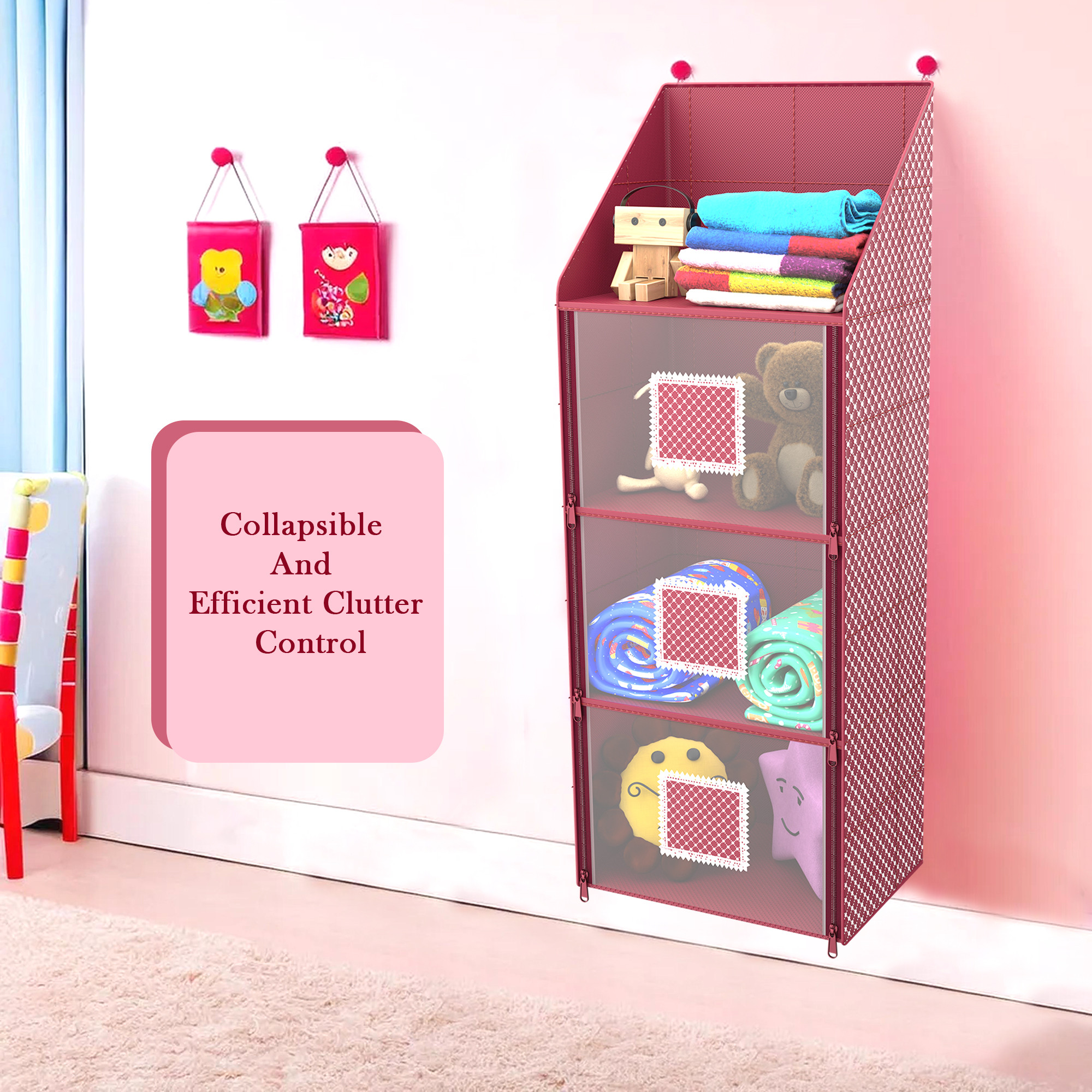Kuber Industries Hanging Almirah  Folding Baby Almirah  4 Compartments Storage Almirah  Hanging Wall Almirah  Wardrobe Organizer for Cloth-Shoes-Toys  Hathkadi  Maroon