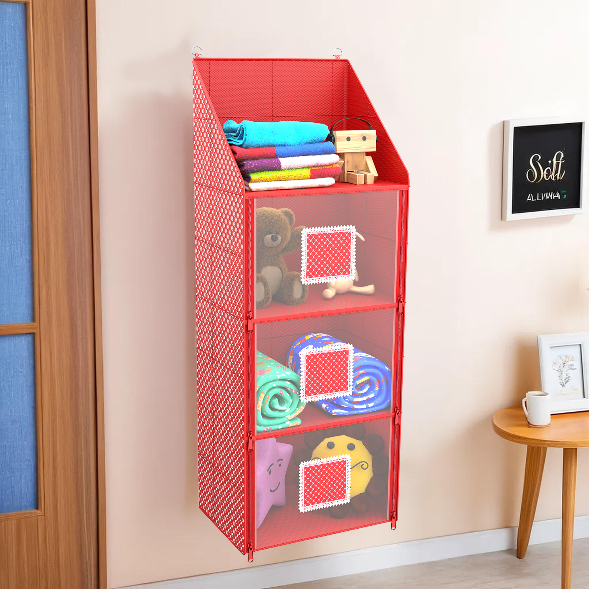 Kuber Industries Hanging Almirah  Folding Baby Almirah  4 Compartments Storage Almirah  Hanging Wall Almirah  Wardrobe Organizer for Cloth-Shoes-Toys  Hathkadi  Red