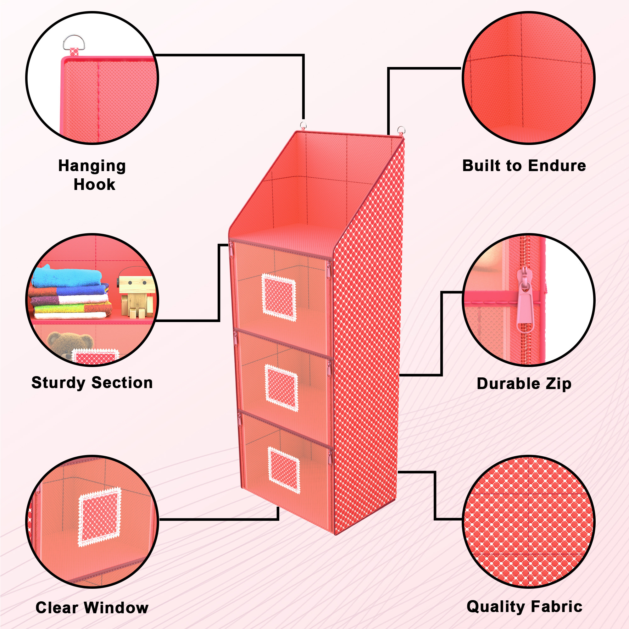 Kuber Industries Hanging Almirah  Folding Baby Almirah  4 Compartments Storage Almirah  Hanging Wall Almirah  Wardrobe Organizer for Cloth-Shoes-Toys  Hathkadi  Red