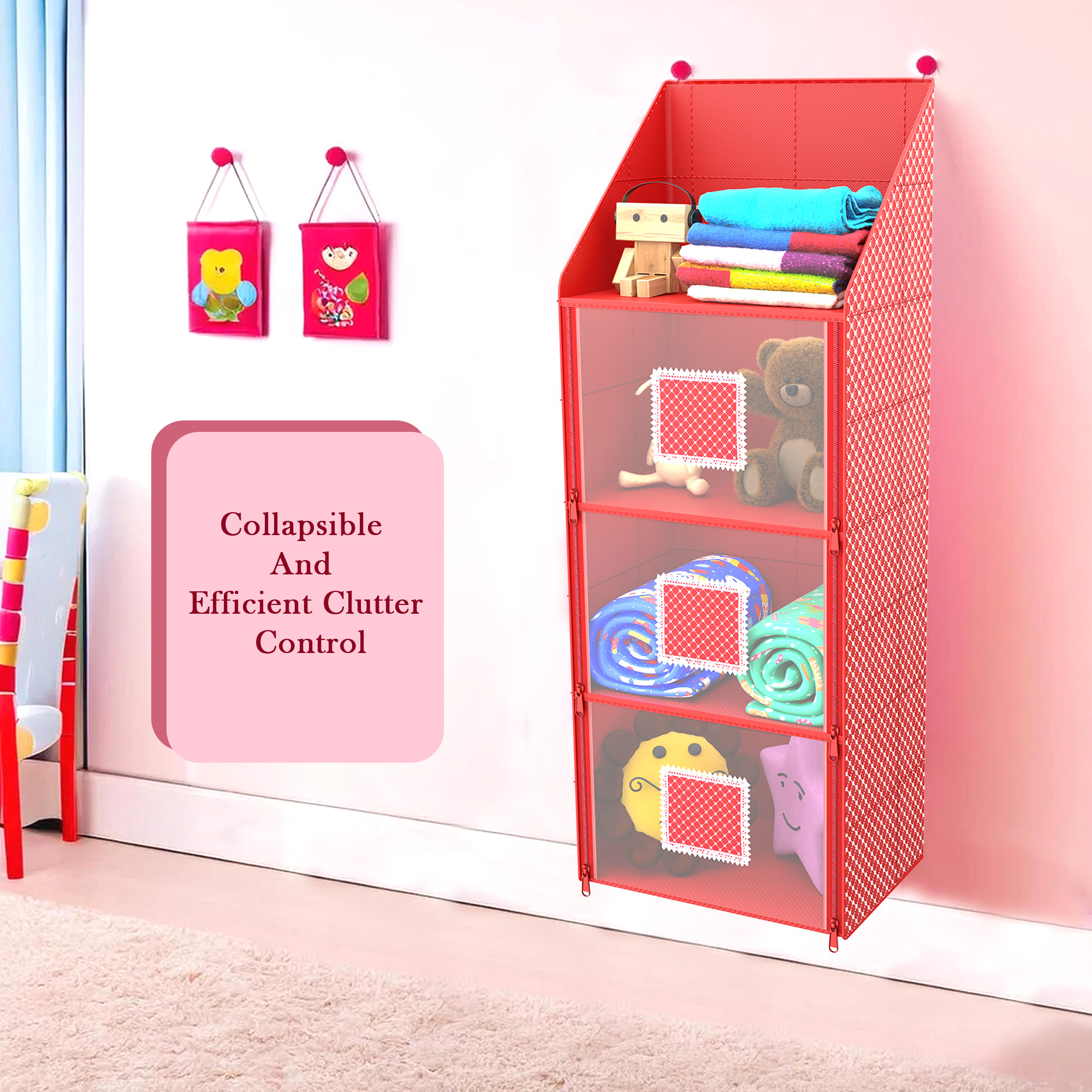 Kuber Industries Hanging Almirah  Folding Baby Almirah  4 Compartments Storage Almirah  Hanging Wall Almirah  Wardrobe Organizer for Cloth-Shoes-Toys  Hathkadi  Red