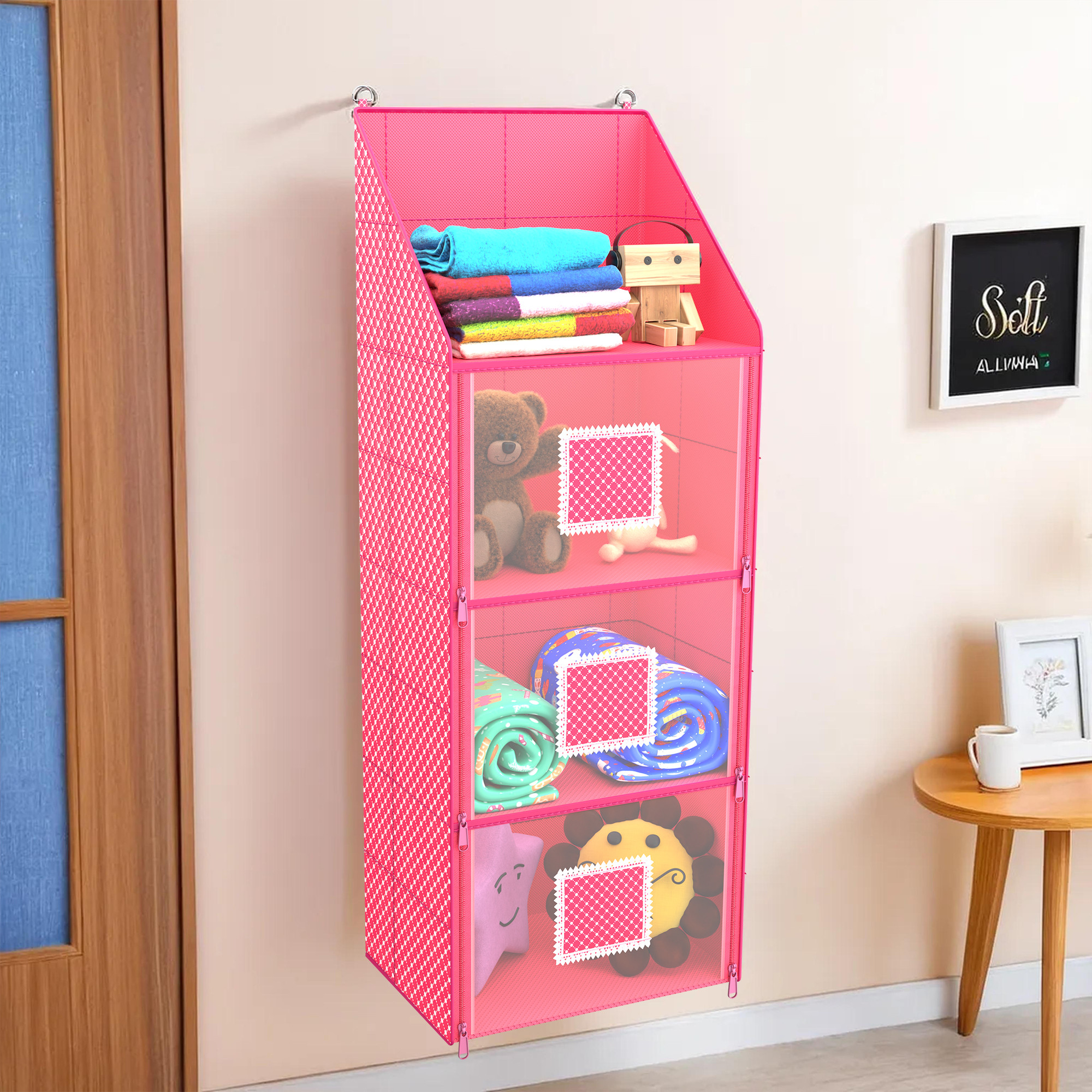 Kuber Industries Hanging Almirah  Folding Baby Almirah  4 Compartments Storage Almirah  Hanging Wall Almirah  Wardrobe Organizer for Cloth-Shoes-Toys  Hathkadi  Pink