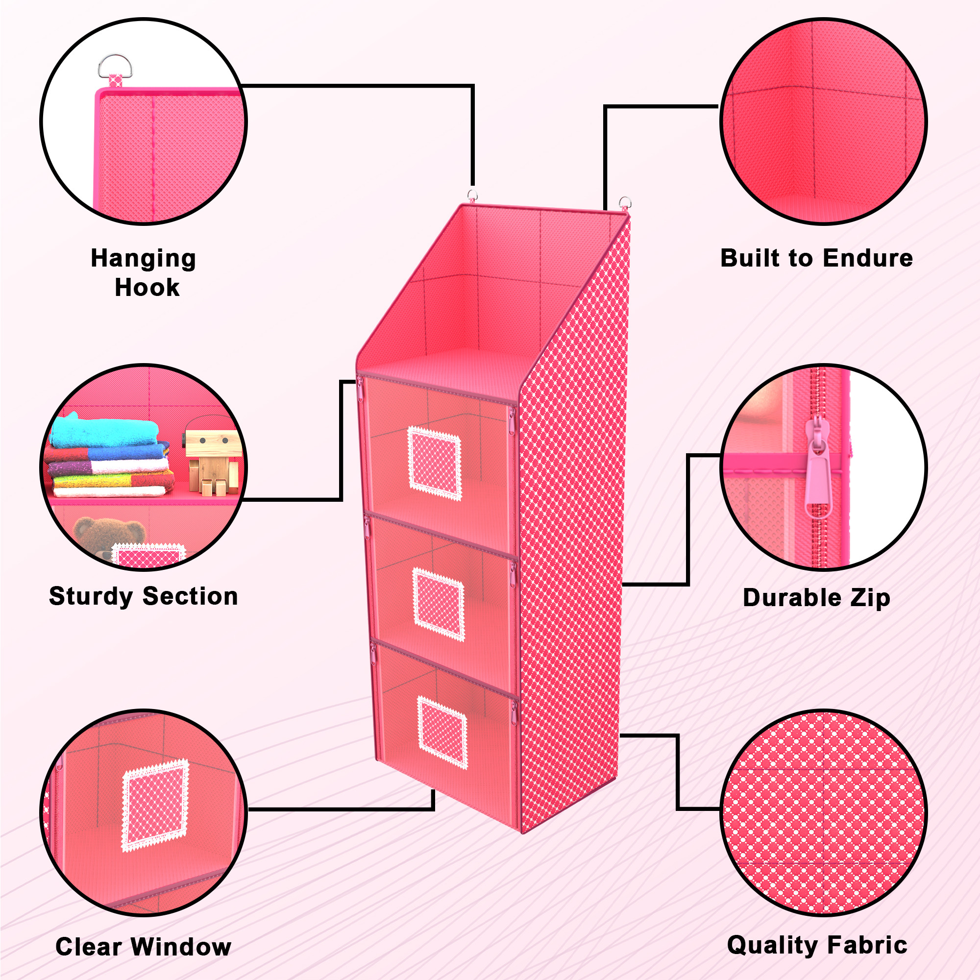 Kuber Industries Hanging Almirah  Folding Baby Almirah  4 Compartments Storage Almirah  Hanging Wall Almirah  Wardrobe Organizer for Cloth-Shoes-Toys  Hathkadi  Pink