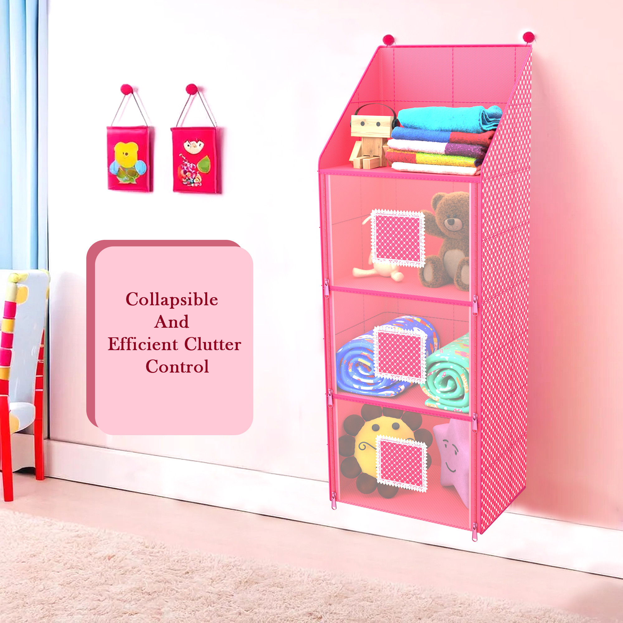 Kuber Industries Hanging Almirah  Folding Baby Almirah  4 Compartments Storage Almirah  Hanging Wall Almirah  Wardrobe Organizer for Cloth-Shoes-Toys  Hathkadi  Pink